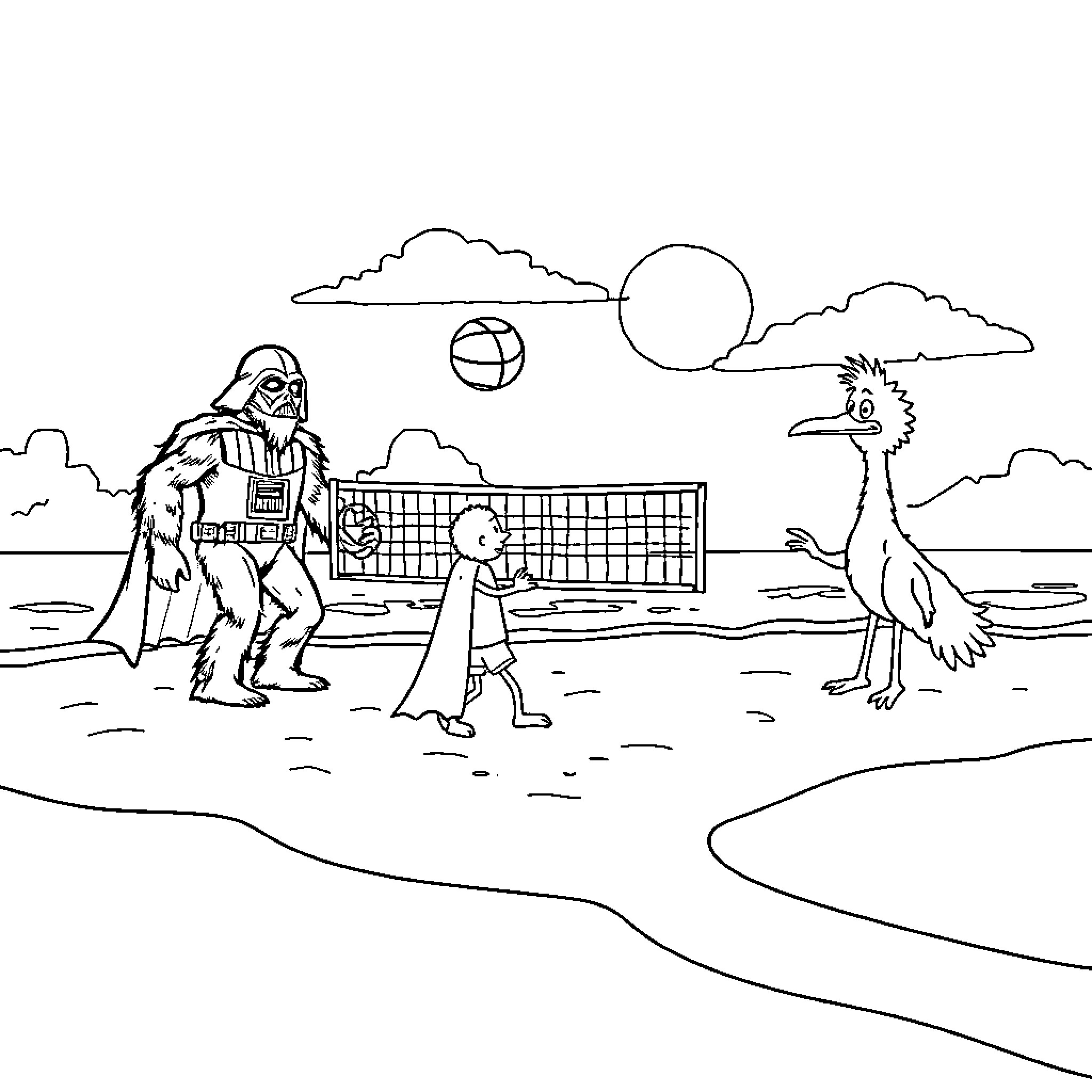 Dad and kids playing beach volleyball with alien Coloring Page (free black-and-white line drawing printable PDF for all, from beginners to advanced learners, including children, teens, adults, and seniors)