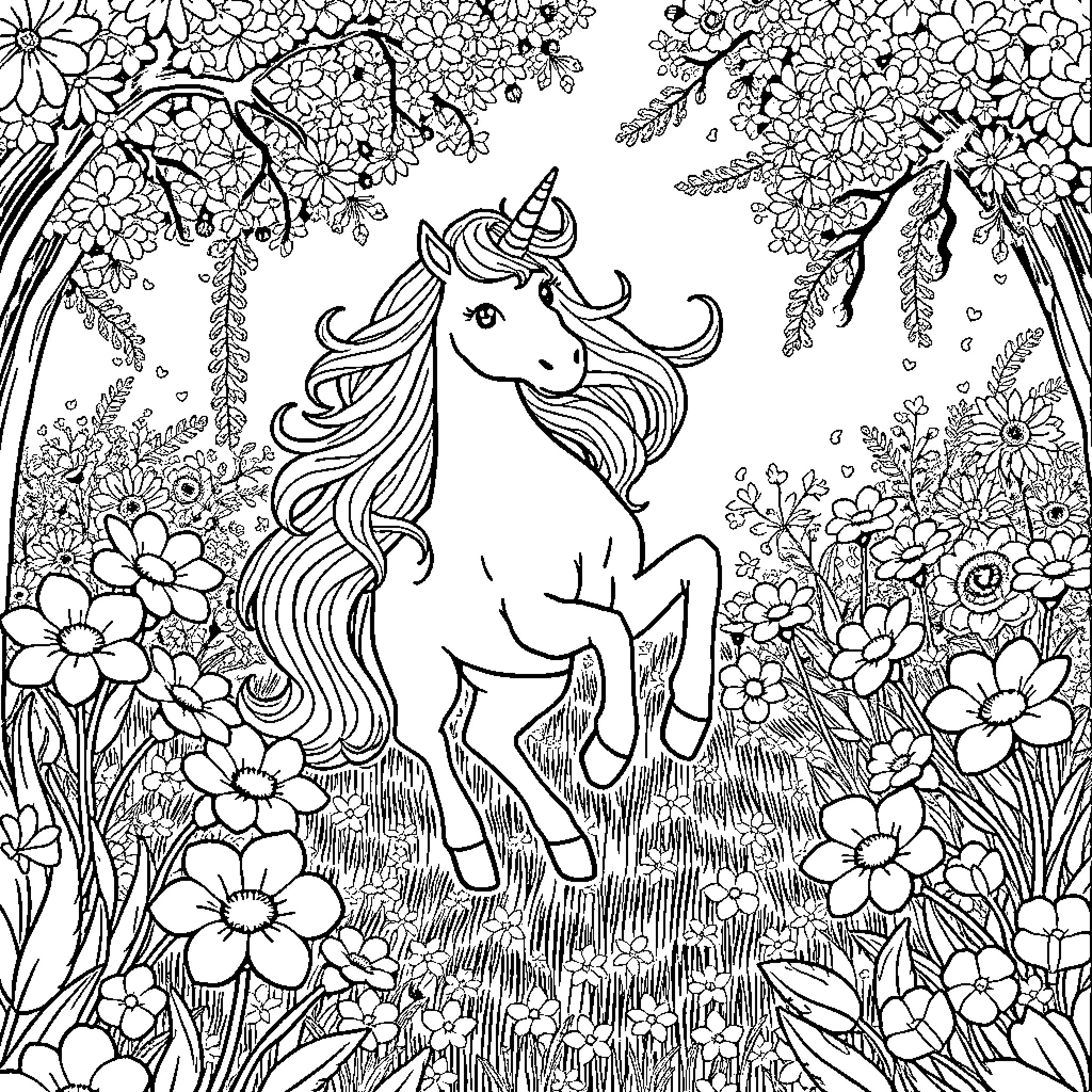 Unicorn wandering through a magical floral garden Coloring Page (free black-and-white line drawing printable PDF for all, from beginners to advanced learners, including children, teens, adults, and seniors)