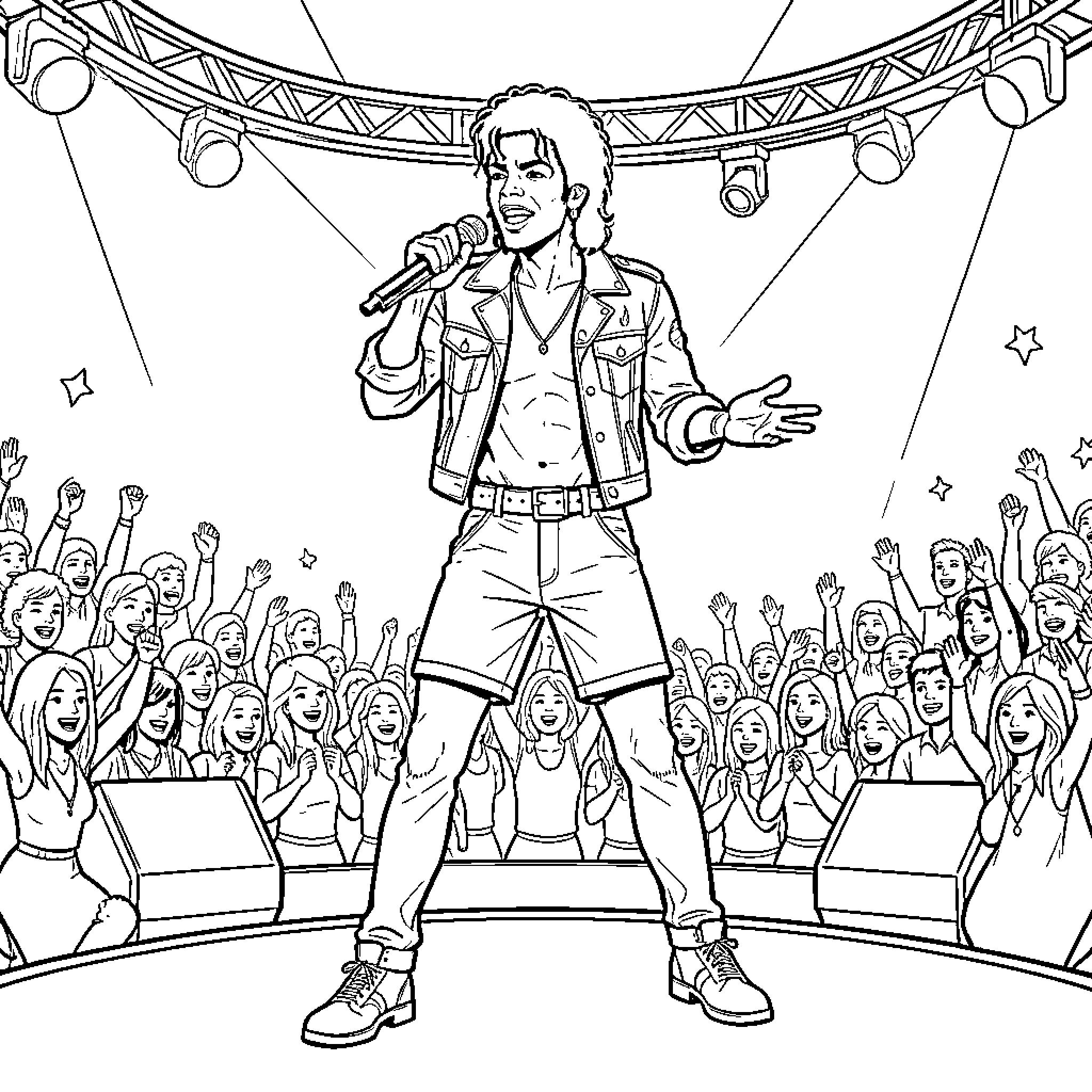 Michael Jackson performing energetically on stage with a microphone Coloring Page (free black-and-white line drawing printable PDF for all, from beginners to advanced learners, including children, teens, adults, and seniors)