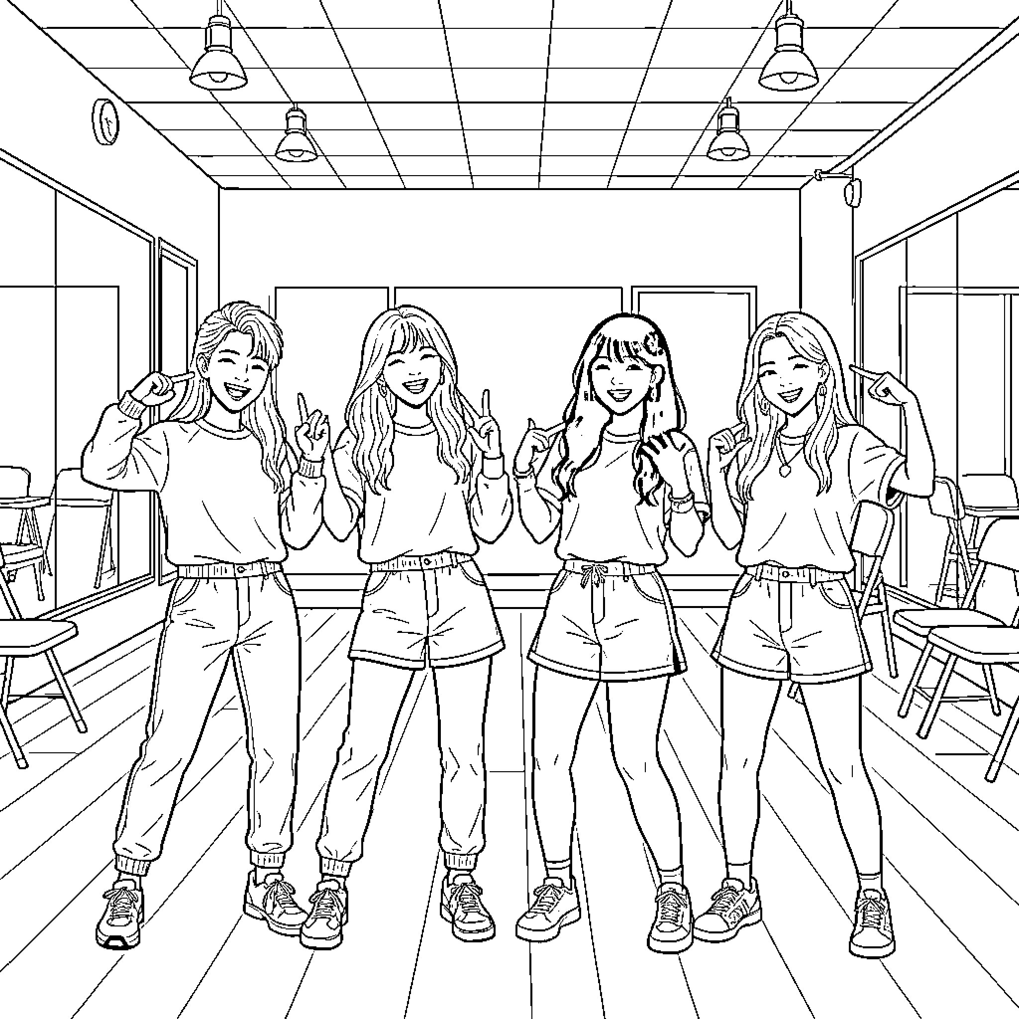 Kpop Idol group performing dance moves in a studio Coloring Page (free black-and-white line drawing printable PDF for all, from beginners to advanced learners, including children, teens, adults, and seniors)