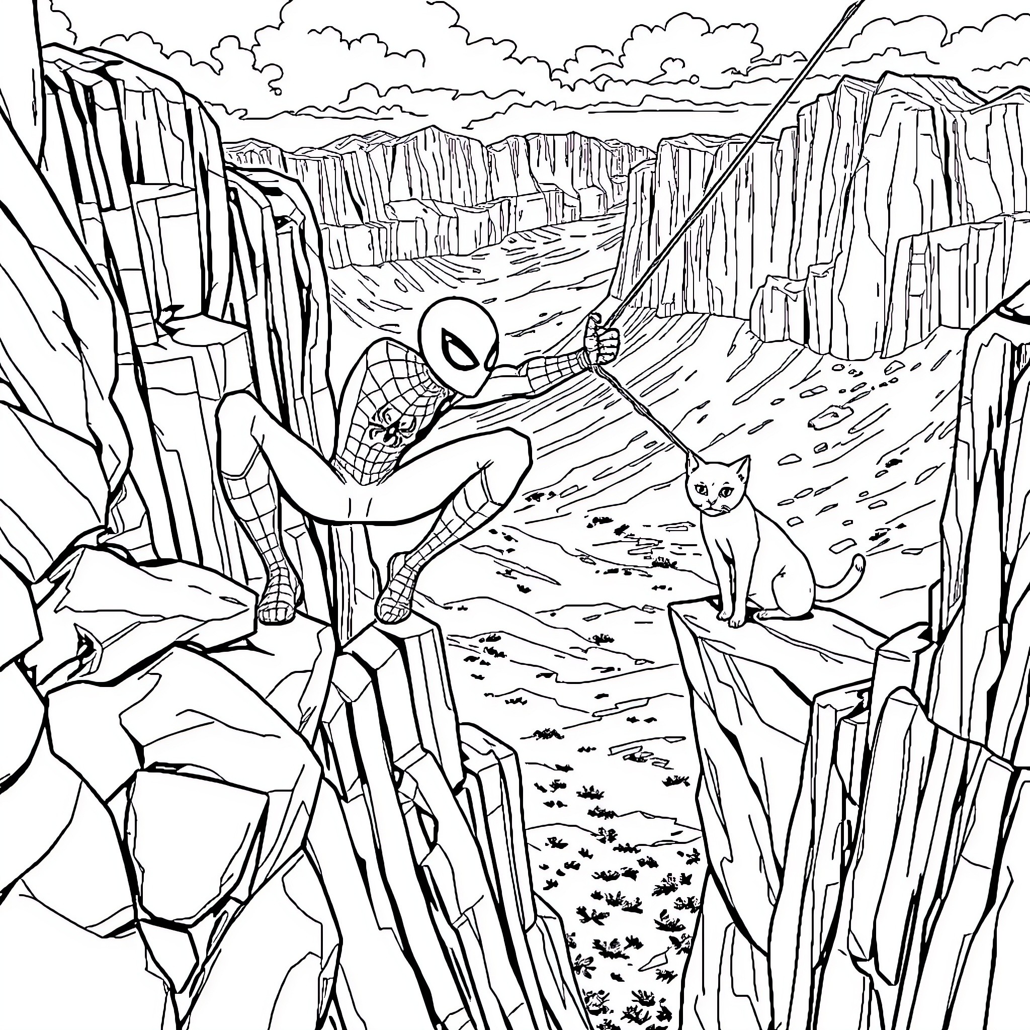 Spider-Man exploring rocky cliffs with a cat Coloring Page (free black-and-white line drawing printable PDF for all, from beginners to advanced learners, including children, teens, adults, and seniors)