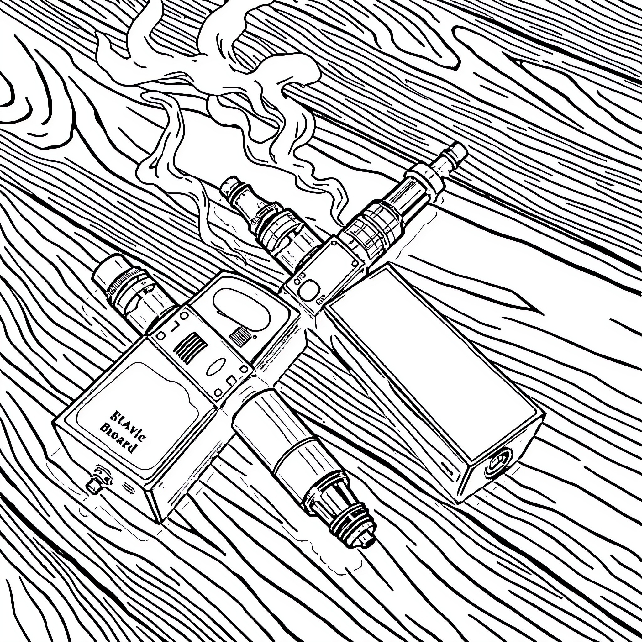 Vape devices emitting vapor in abstract environment Coloring Page (free black-and-white line drawing printable PDF for all, from beginners to advanced learners, including children, teens, adults, and seniors)