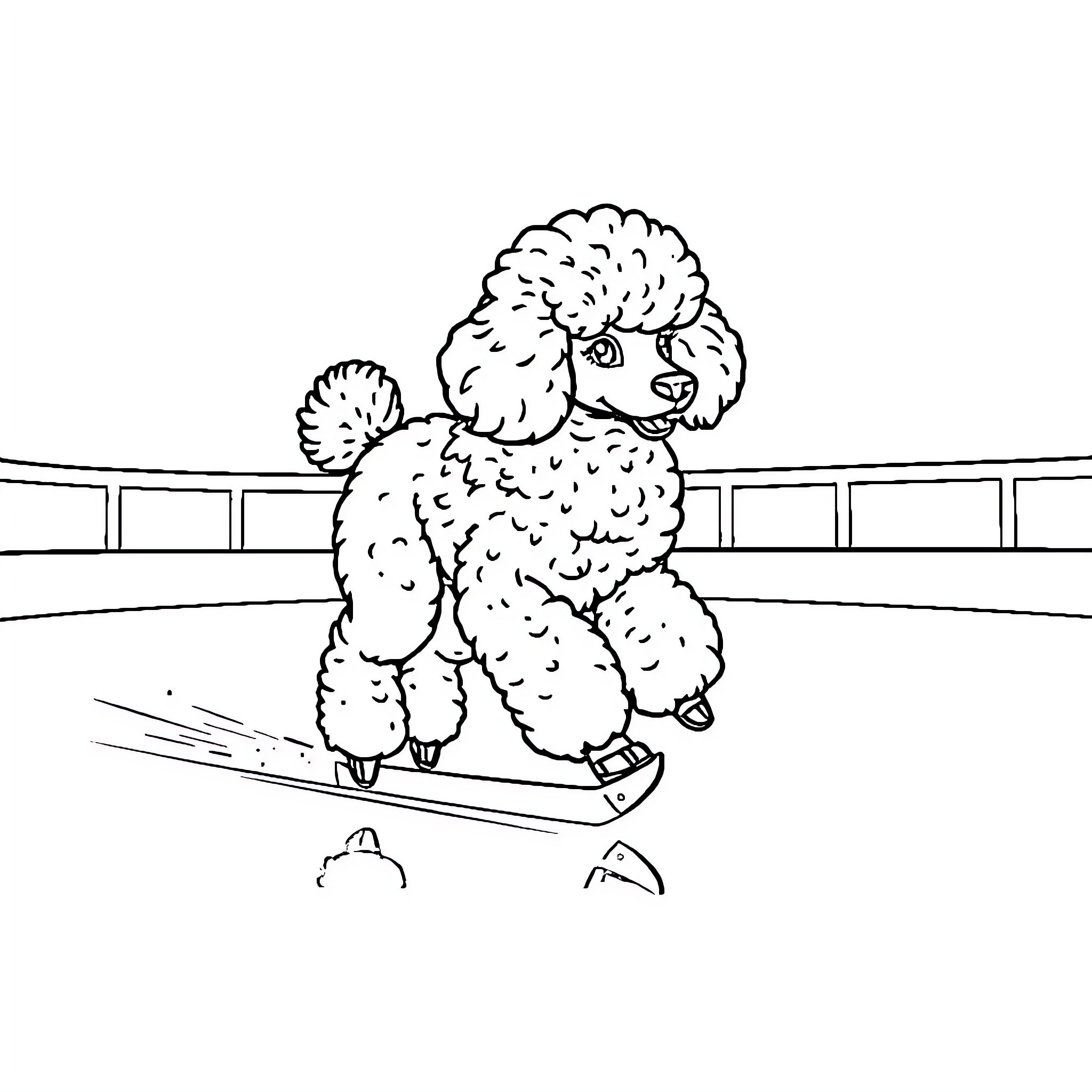Poodle enjoying a snowy sled ride Coloring Page (free black-and-white line drawing printable PDF for all, from beginners to advanced learners, including children, teens, adults, and seniors)