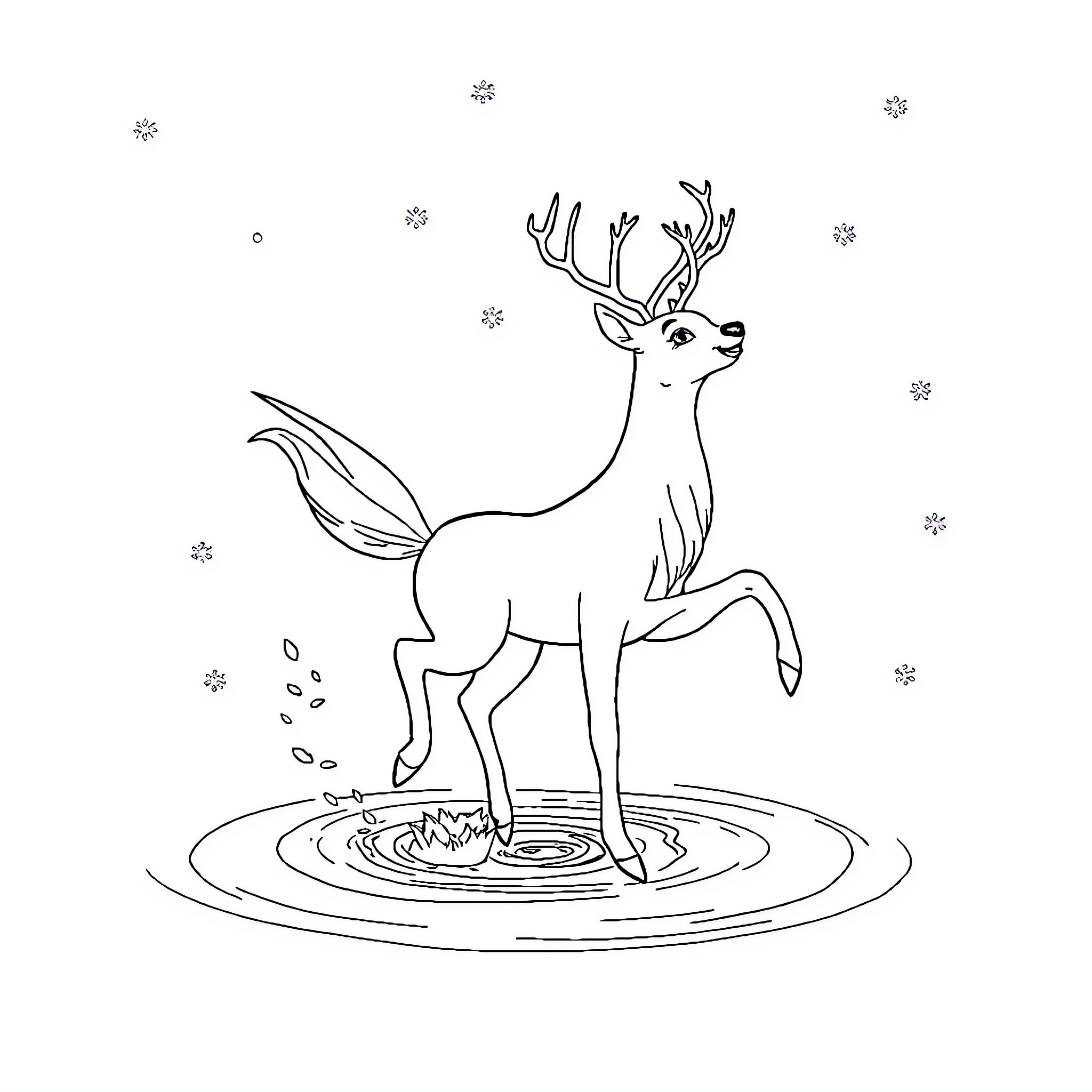 Queen Deer dancing amidst falling snowflakes Coloring Page (free black-and-white line drawing printable PDF for all, from beginners to advanced learners, including children, teens, adults, and seniors)