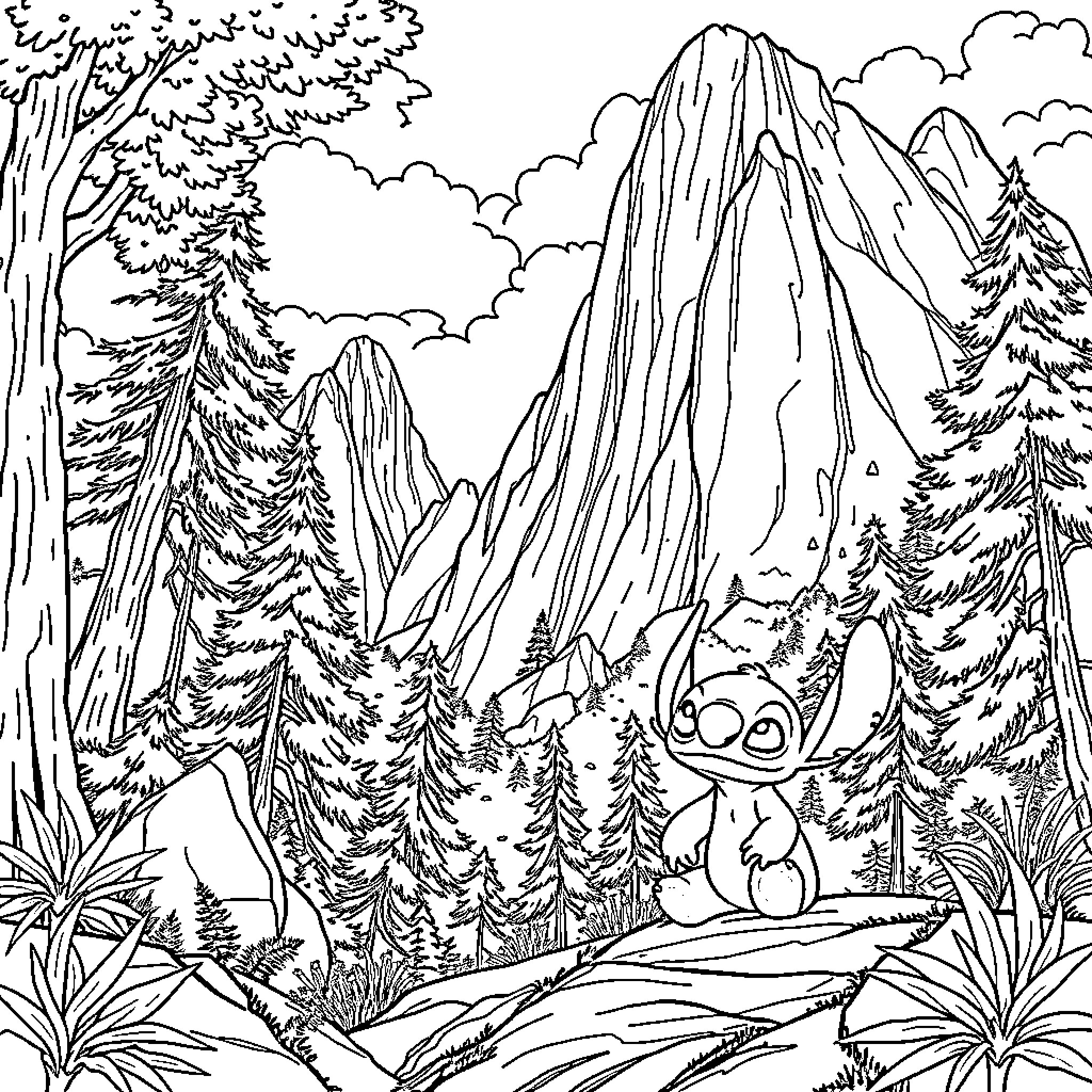Lilo And Stitch Explore Mountainous Wilderness Coloring Page (free black-and-white line drawing printable PDF for all, from beginners to advanced learners, including children, teens, adults, and seniors)
