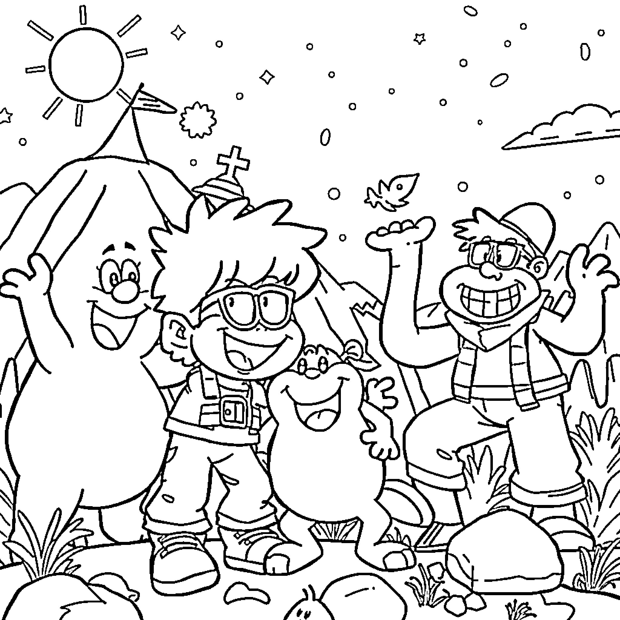 80s Cartoon Characters Exploring Outdoors Coloring Page (free black-and-white line drawing printable PDF for all, from beginners to advanced learners, including children, teens, adults, and seniors)