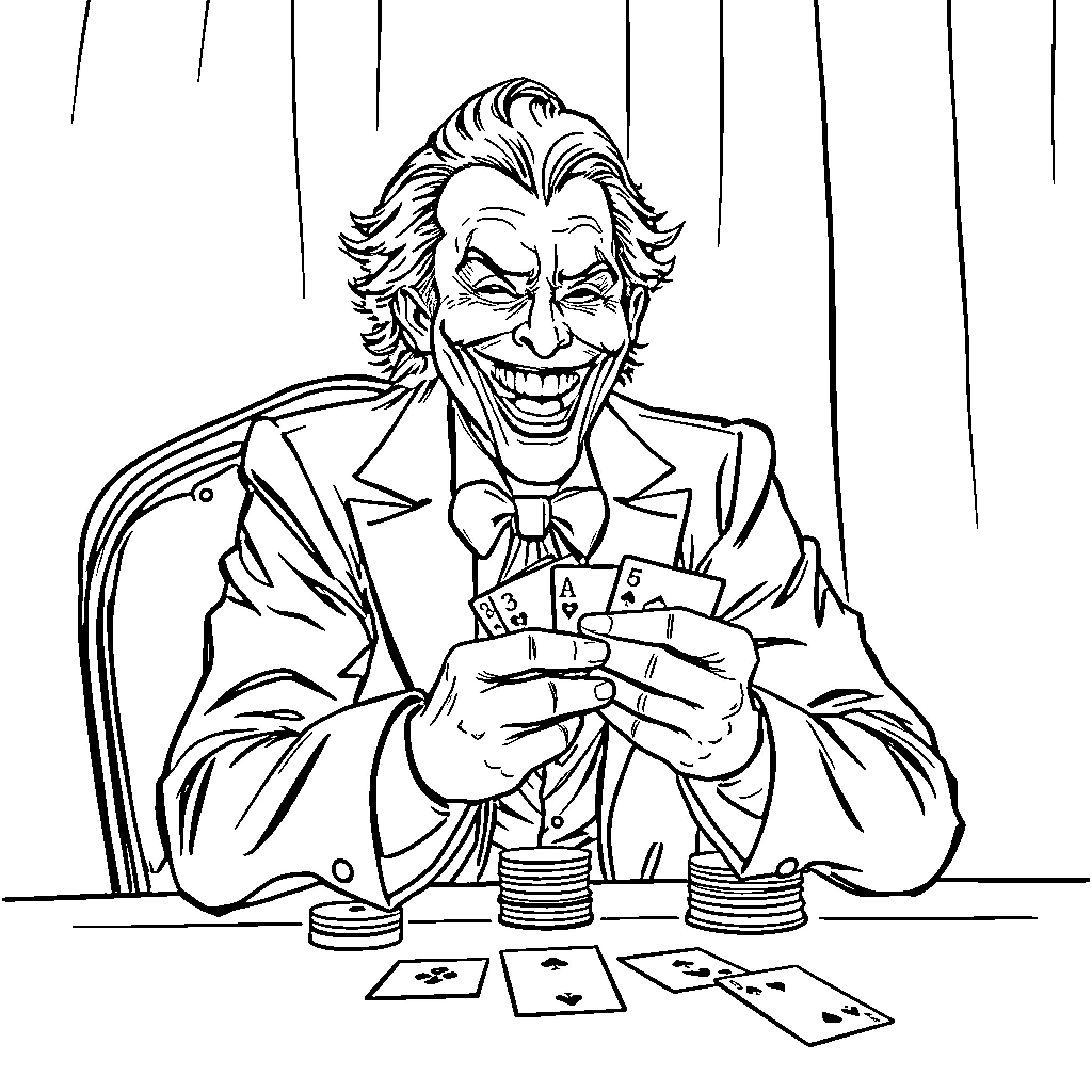 Joker playing cards and betting coins Coloring Page (free black-and-white line drawing printable PDF for all, from beginners to advanced learners, including children, teens, adults, and seniors)