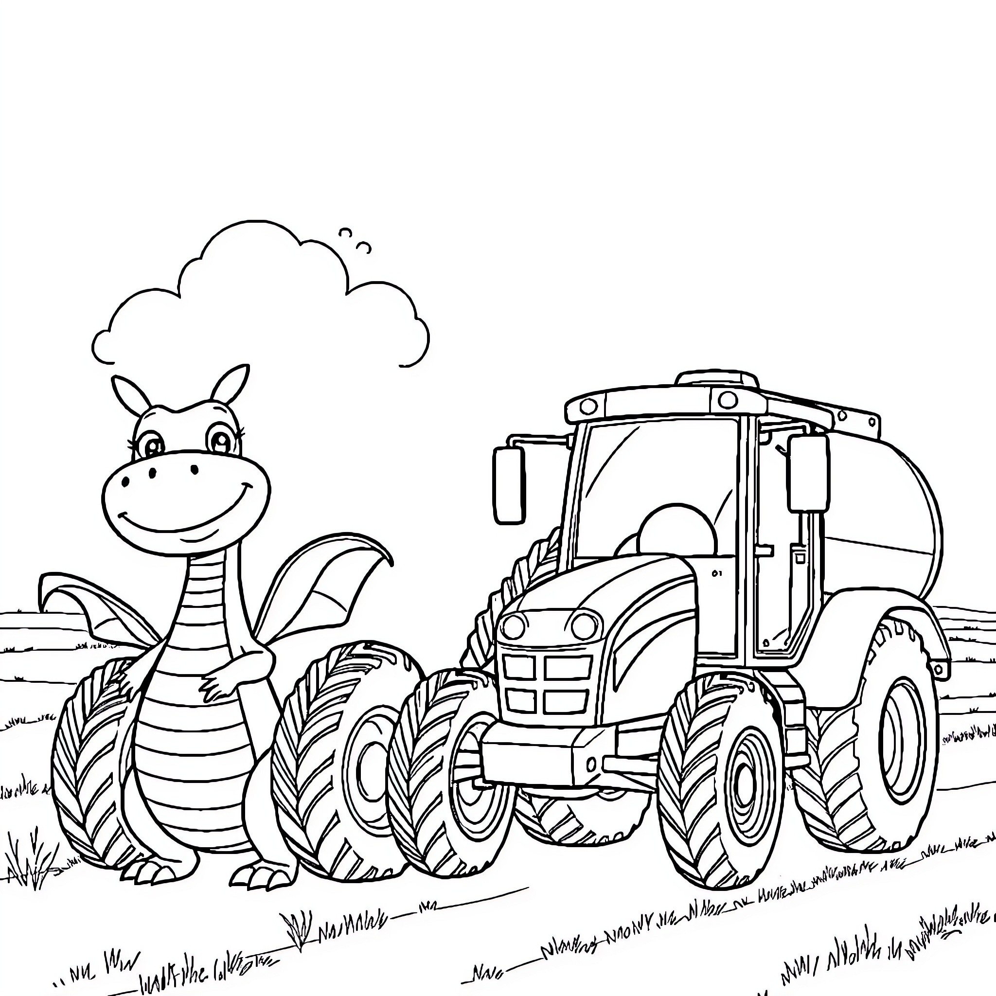Dragon Taming a Tractor in the Field Coloring Page (free black-and-white line drawing printable PDF for all, from beginners to advanced learners, including children, teens, adults, and seniors)
