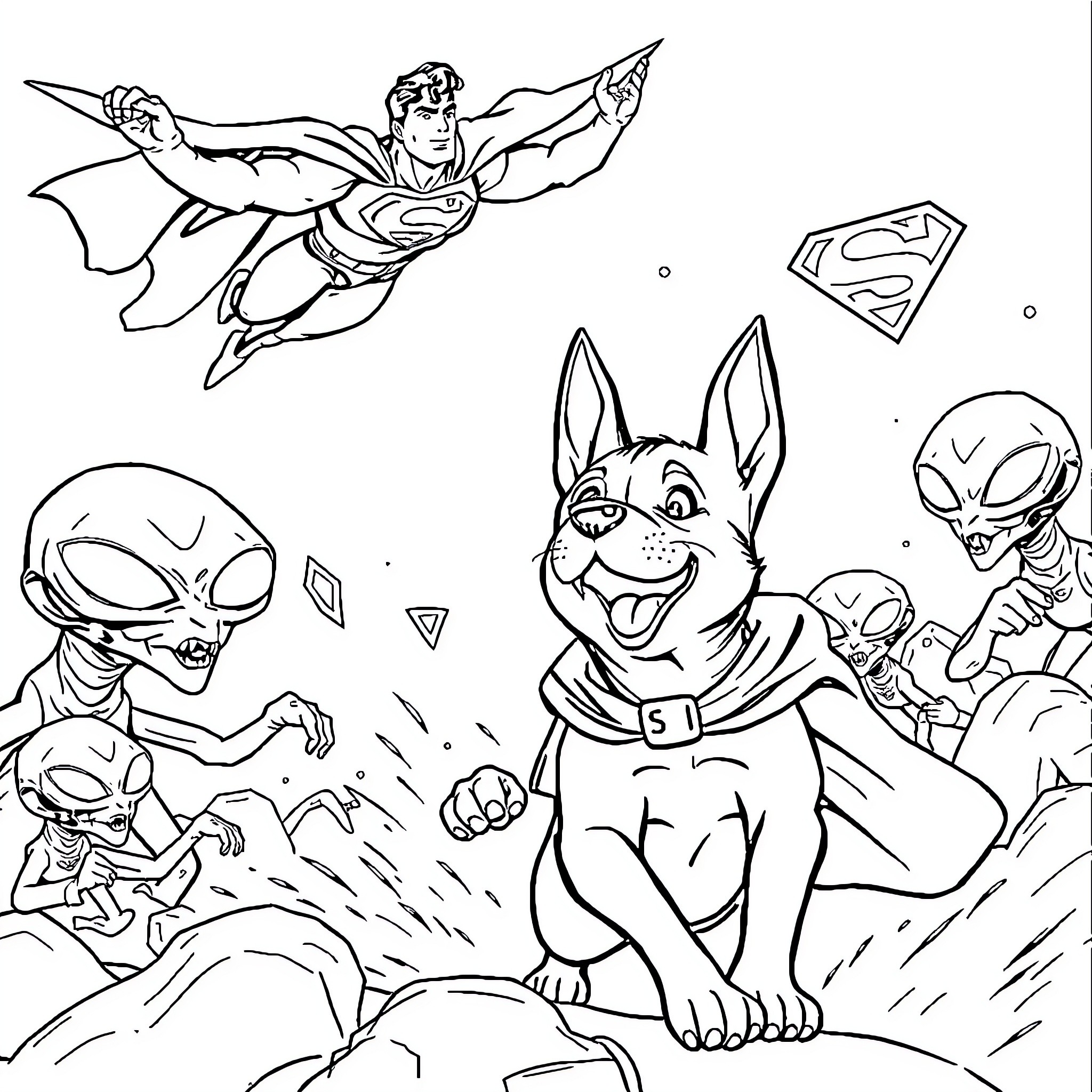 Dog superhero battles alien invaders Coloring Page (free black-and-white line drawing printable PDF for all, from beginners to advanced learners, including children, teens, adults, and seniors)