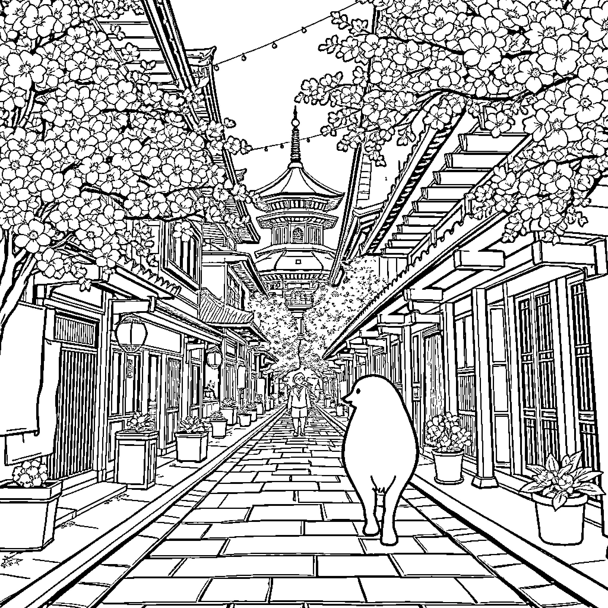 Kohaku's Stroll Through the Charming Japanese Village Coloring Page (free black-and-white line drawing printable PDF for all, from beginners to advanced learners, including children, teens, adults, and seniors)