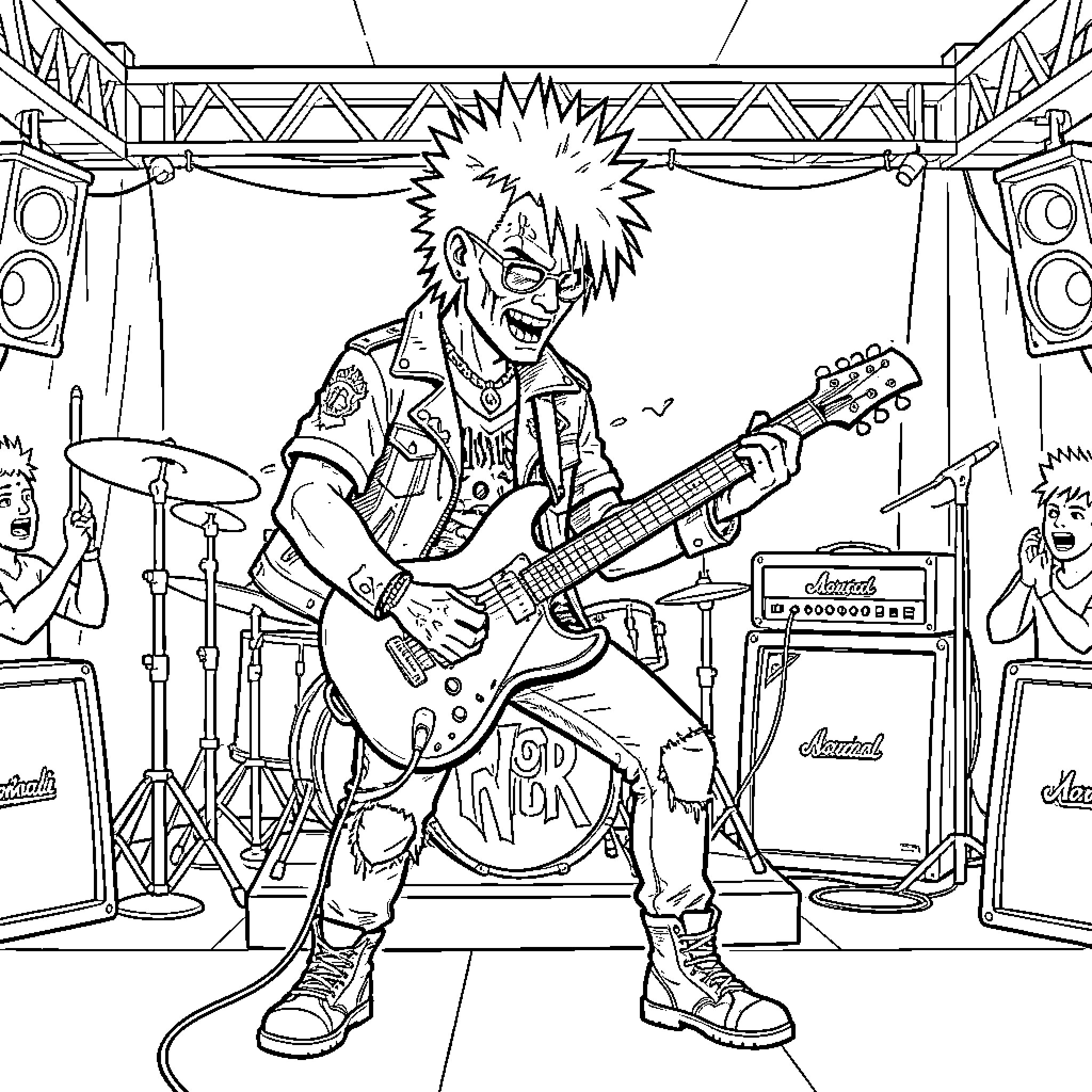 Punk Rock Guy Rocking Out on Stage Coloring Page (free black-and-white line drawing printable PDF for all, from beginners to advanced learners, including children, teens, adults, and seniors)