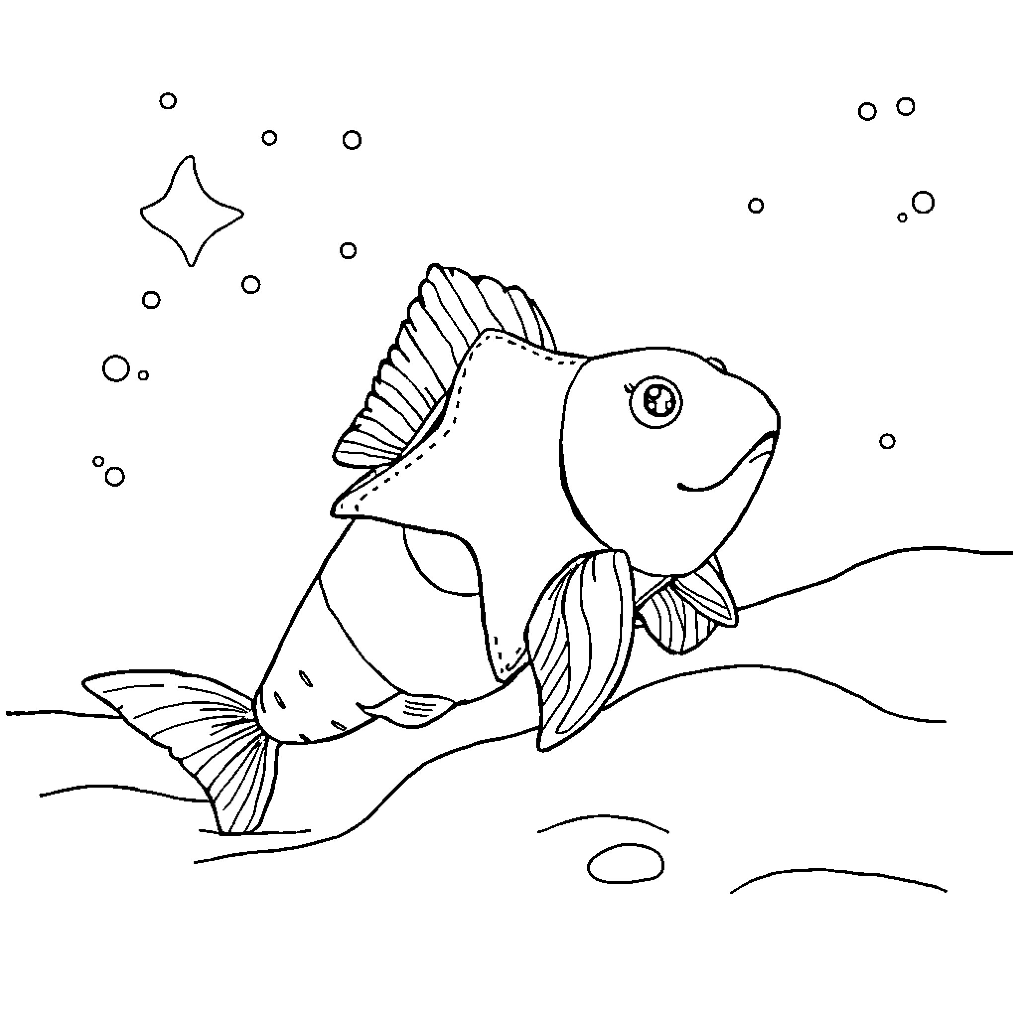 Starfish and fish swimming in the ocean Coloring Page (free black-and-white line drawing printable PDF for all, from beginners to advanced learners, including children, teens, adults, and seniors)