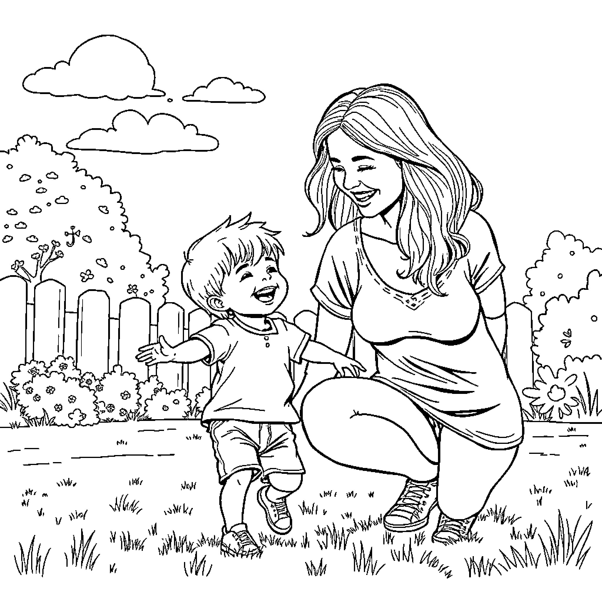 Boy playing happily with smiling woman in garden Coloring Page (free black-and-white line drawing printable PDF for all, from beginners to advanced learners, including children, teens, adults, and seniors)