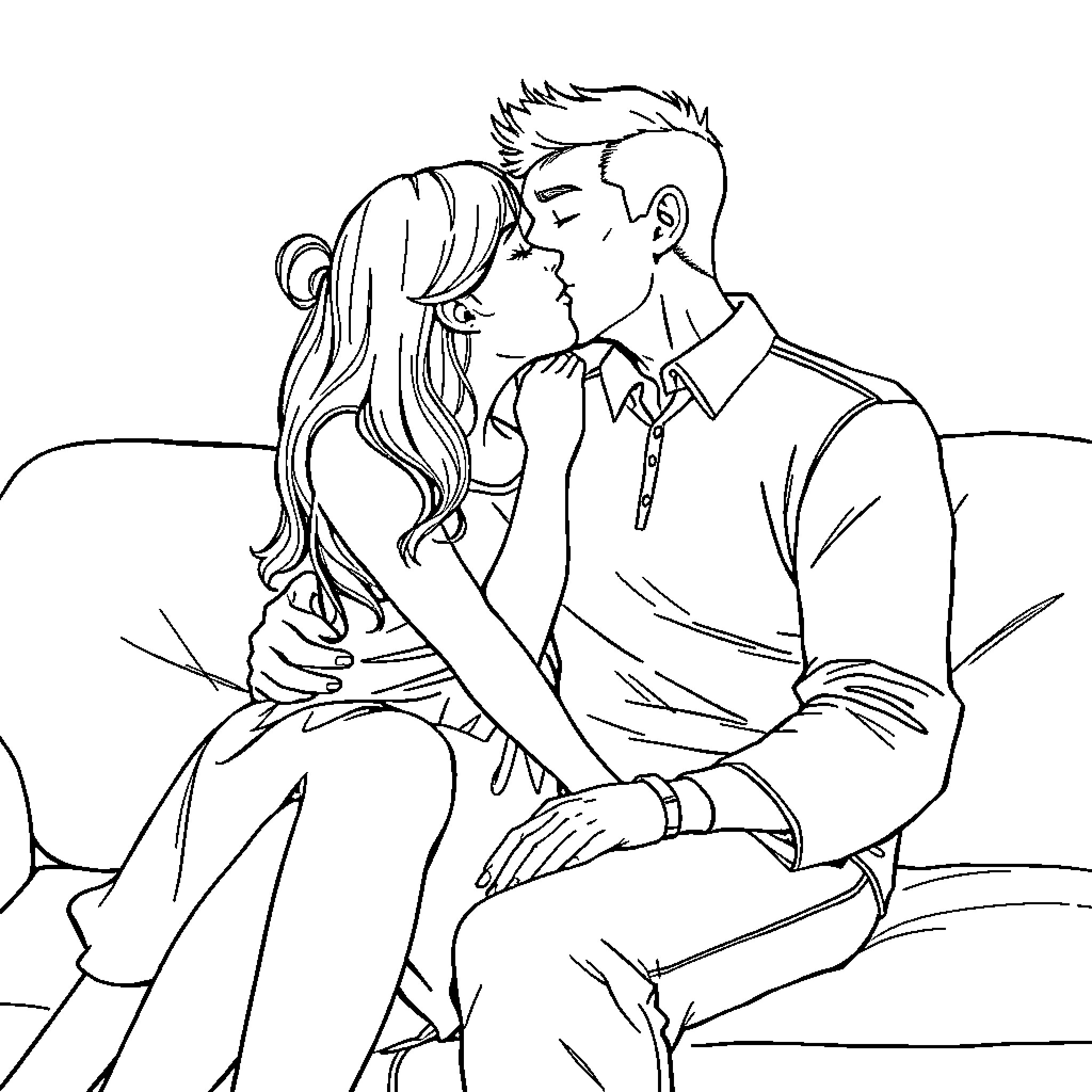 Girl and man in romantic embrace Coloring Page (free black-and-white line drawing printable PDF for all, from beginners to advanced learners, including children, teens, adults, and seniors)