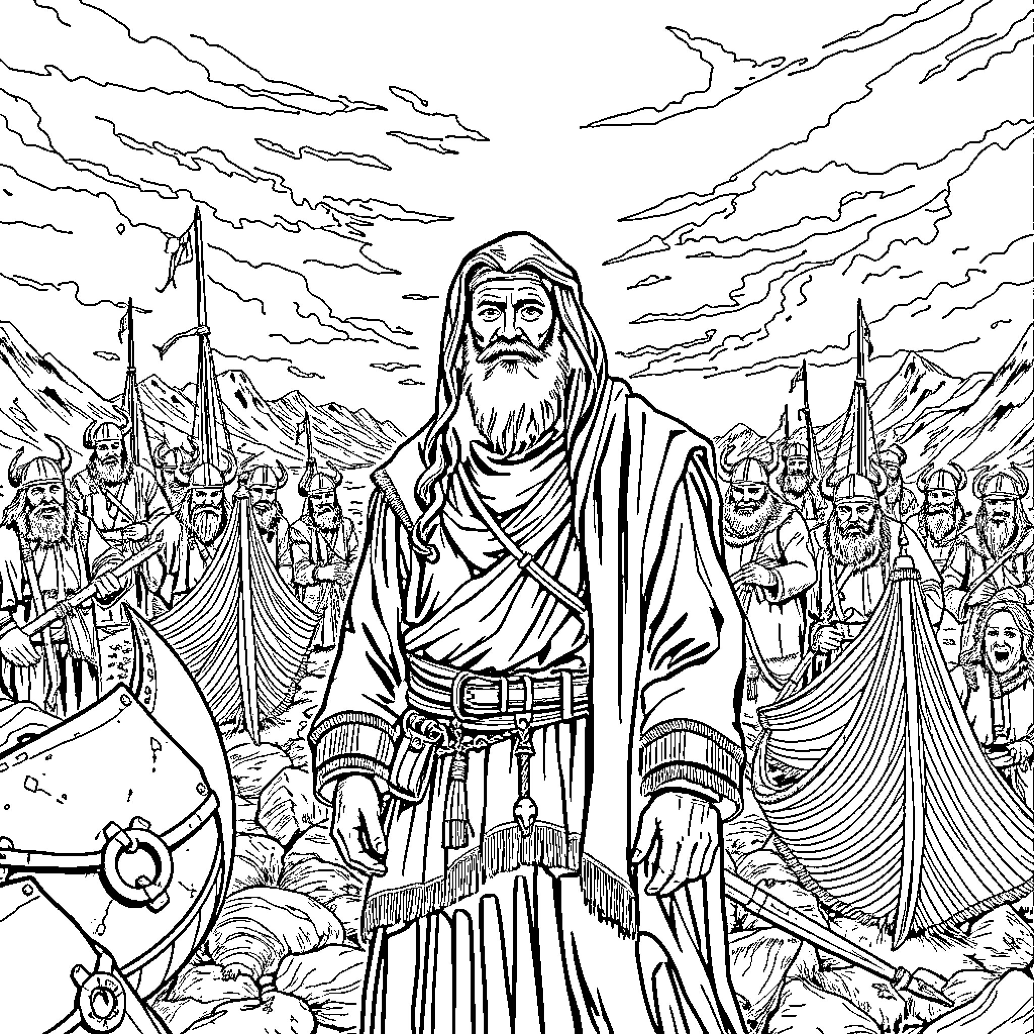 Ahmad ibn Fadlan leading a caravan in a rugged landscape Coloring Page (free black-and-white line drawing printable PDF for all, from beginners to advanced learners, including children, teens, adults, and seniors)