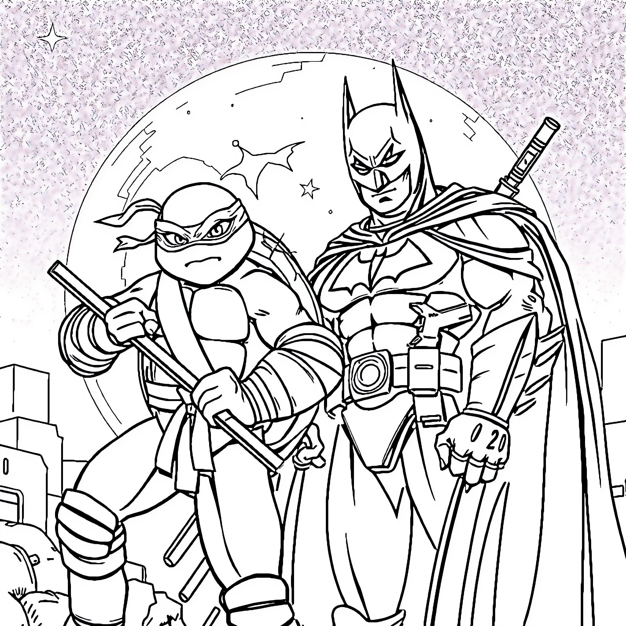 Ninja Turtles on a nighttime mission with Batman Coloring Page (free black-and-white line drawing printable PDF for all, from beginners to advanced learners, including children, teens, adults, and seniors)