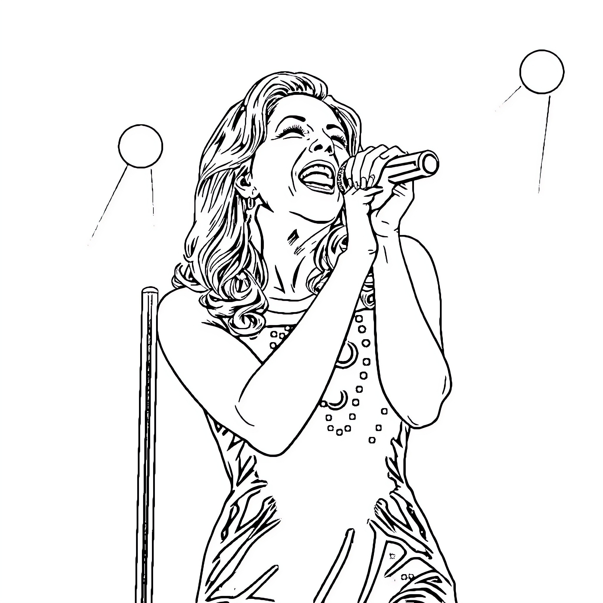 Céline Dion performing on stage with microphone Coloring Page (free black-and-white line drawing printable PDF for all, from beginners to advanced learners, including children, teens, adults, and seniors)