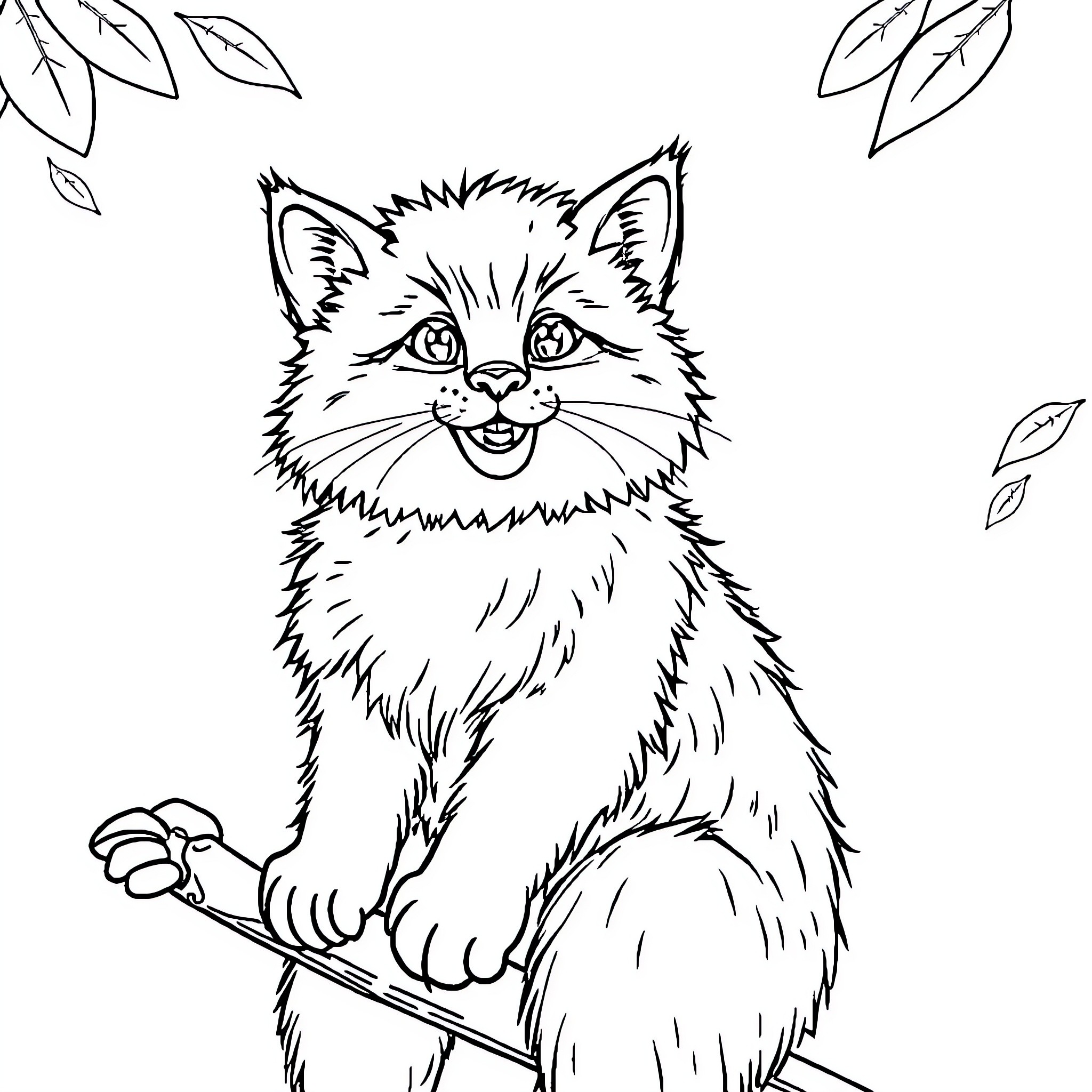 Cat sitting on tree branch with leaves Coloring Page (free black-and-white line drawing printable PDF for all, from beginners to advanced learners, including children, teens, adults, and seniors)
