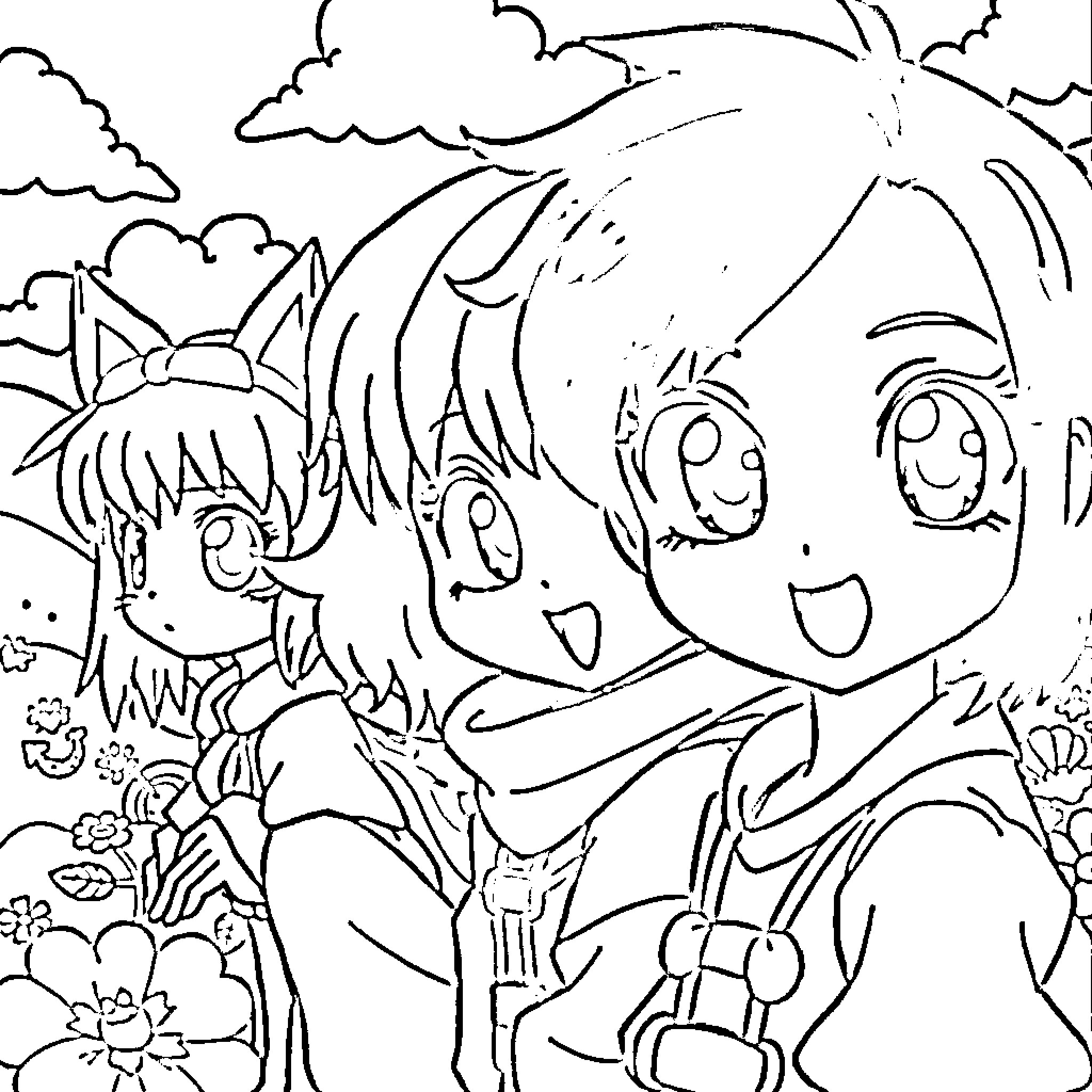 Anime Characters Enjoying Nature Scenery Coloring Page (free black-and-white line drawing printable PDF for all, from beginners to advanced learners, including children, teens, adults, and seniors)