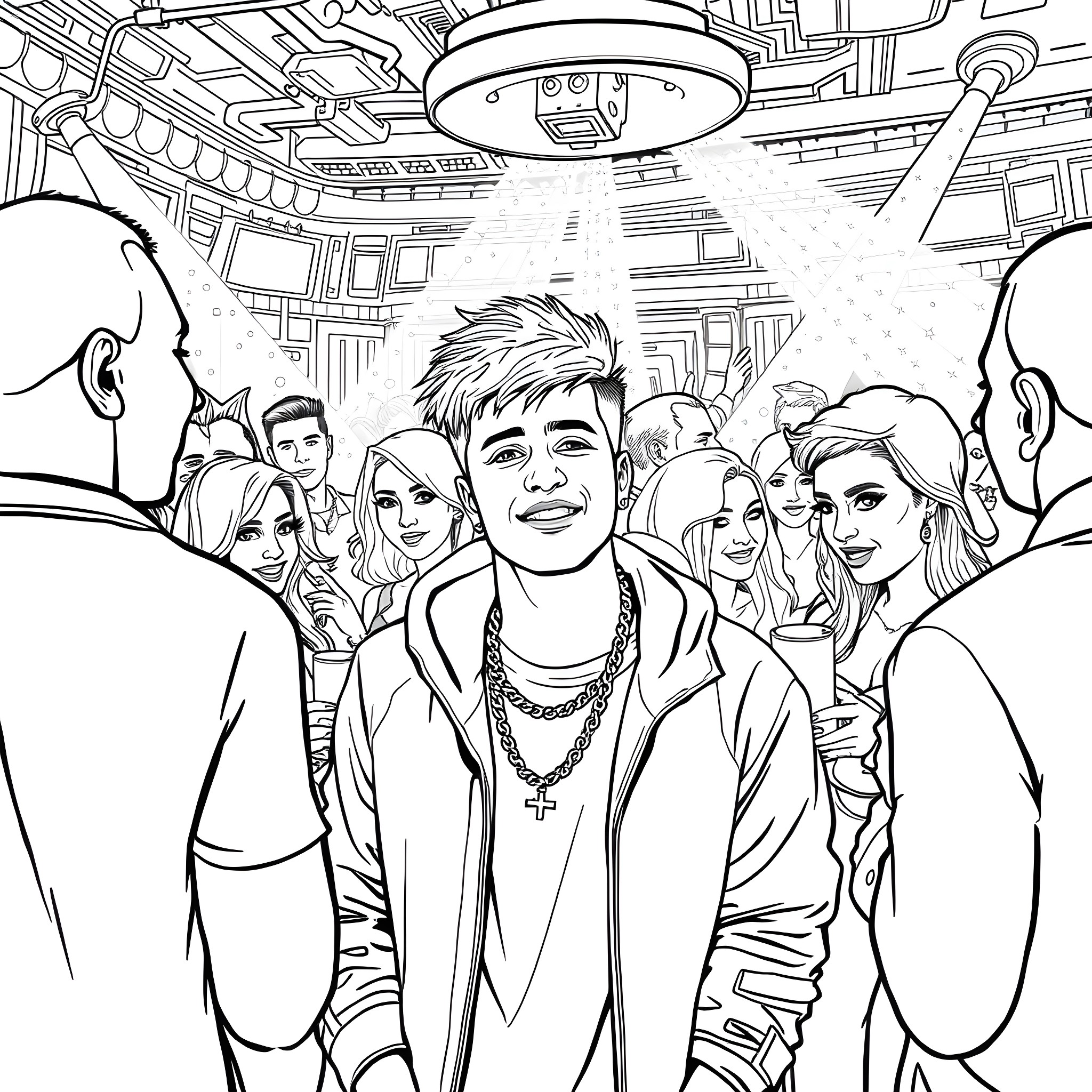 Justin Bieber surrounded by adoring fans in concert setting Coloring Page (free black-and-white line drawing printable PDF for all, from beginners to advanced learners, including children, teens, adults, and seniors)
