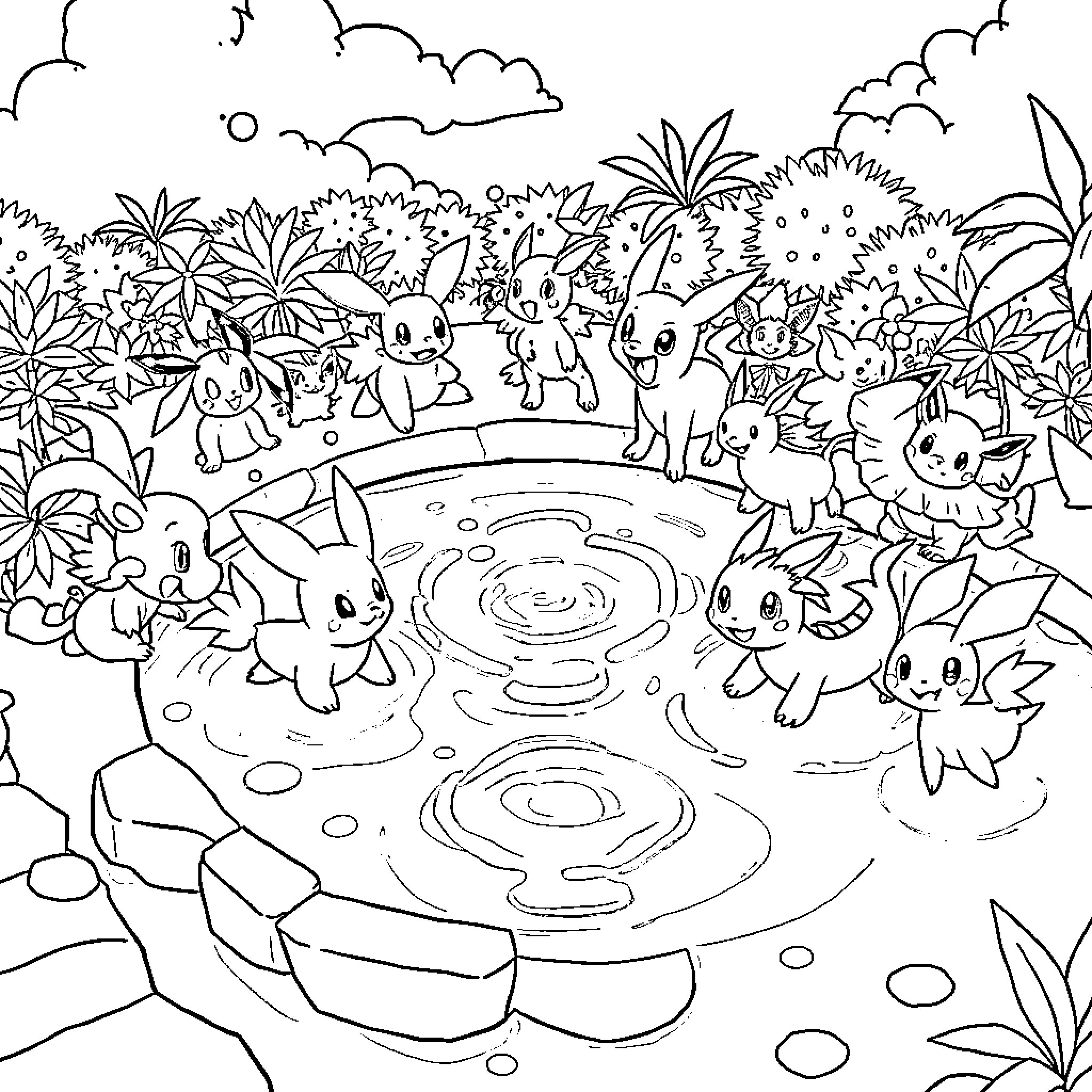 Pokémon playing and splashing in a pond Coloring Page (free black-and-white line drawing printable PDF for all, from beginners to advanced learners, including children, teens, adults, and seniors)