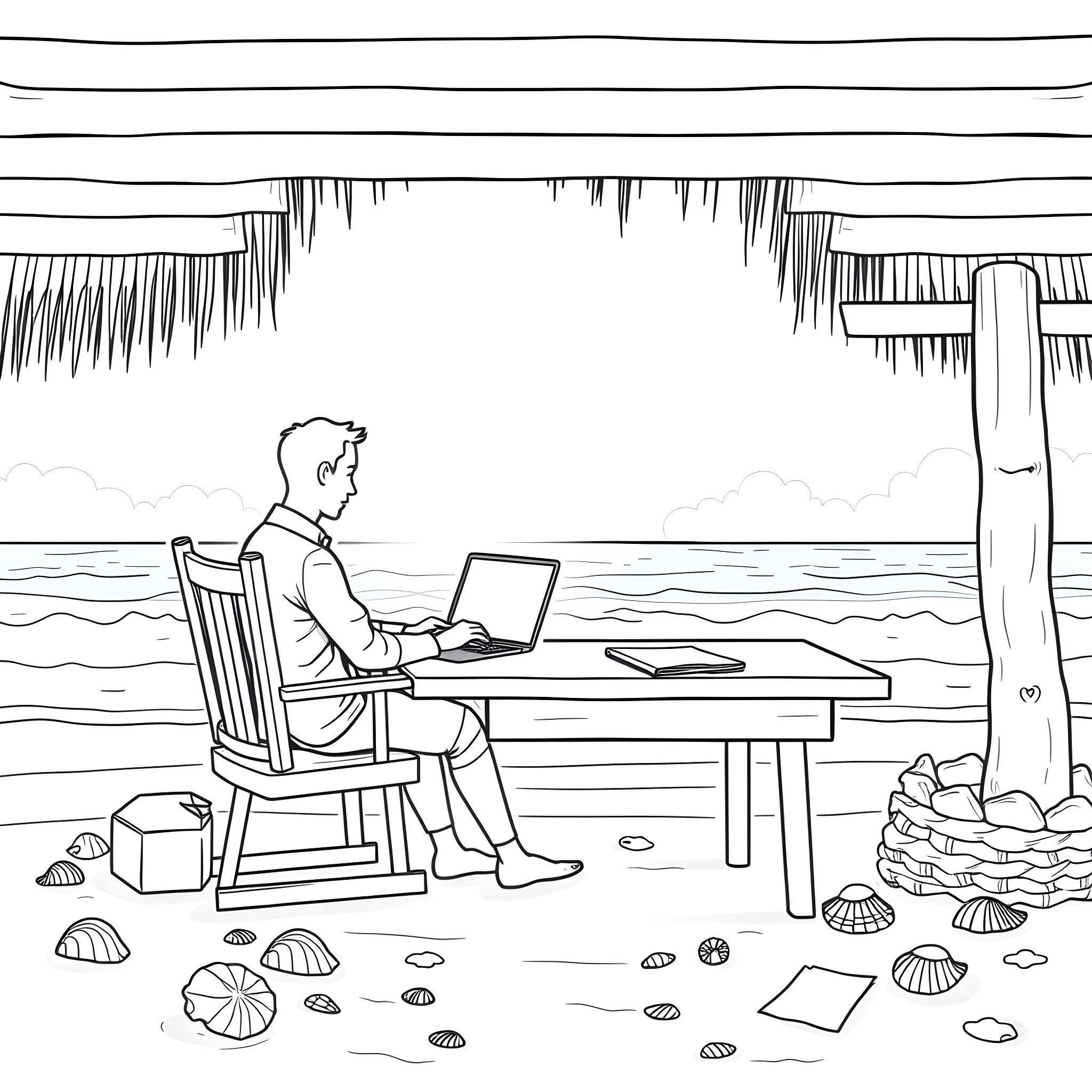 Accountant working remotely by the beach Coloring Page (free black-and-white line drawing printable PDF for all, from beginners to advanced learners, including children, teens, adults, and seniors)