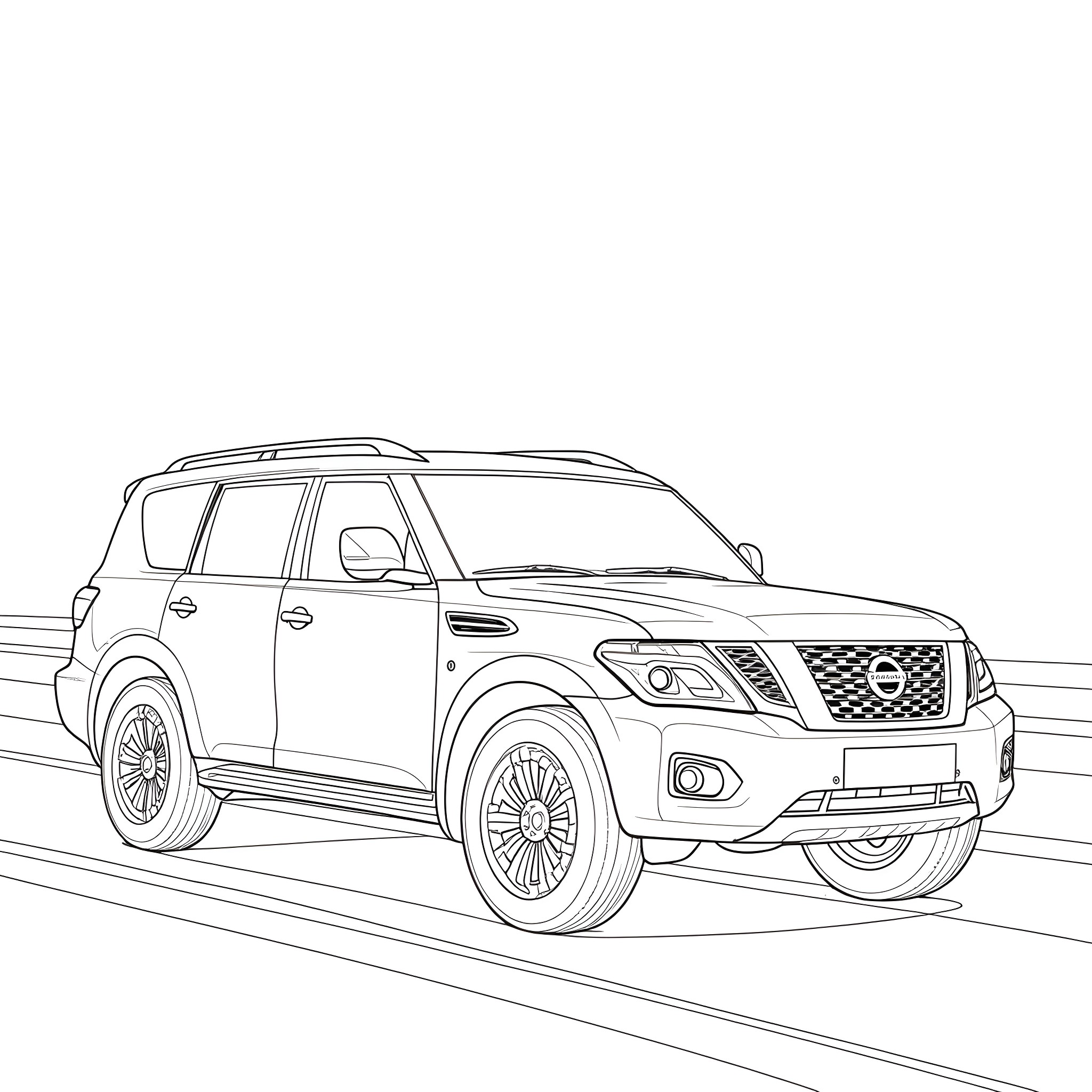 Nissan Patrol SUV on the road Coloring Page (free black-and-white line drawing printable PDF for all, from beginners to advanced learners, including children, teens, adults, and seniors)
