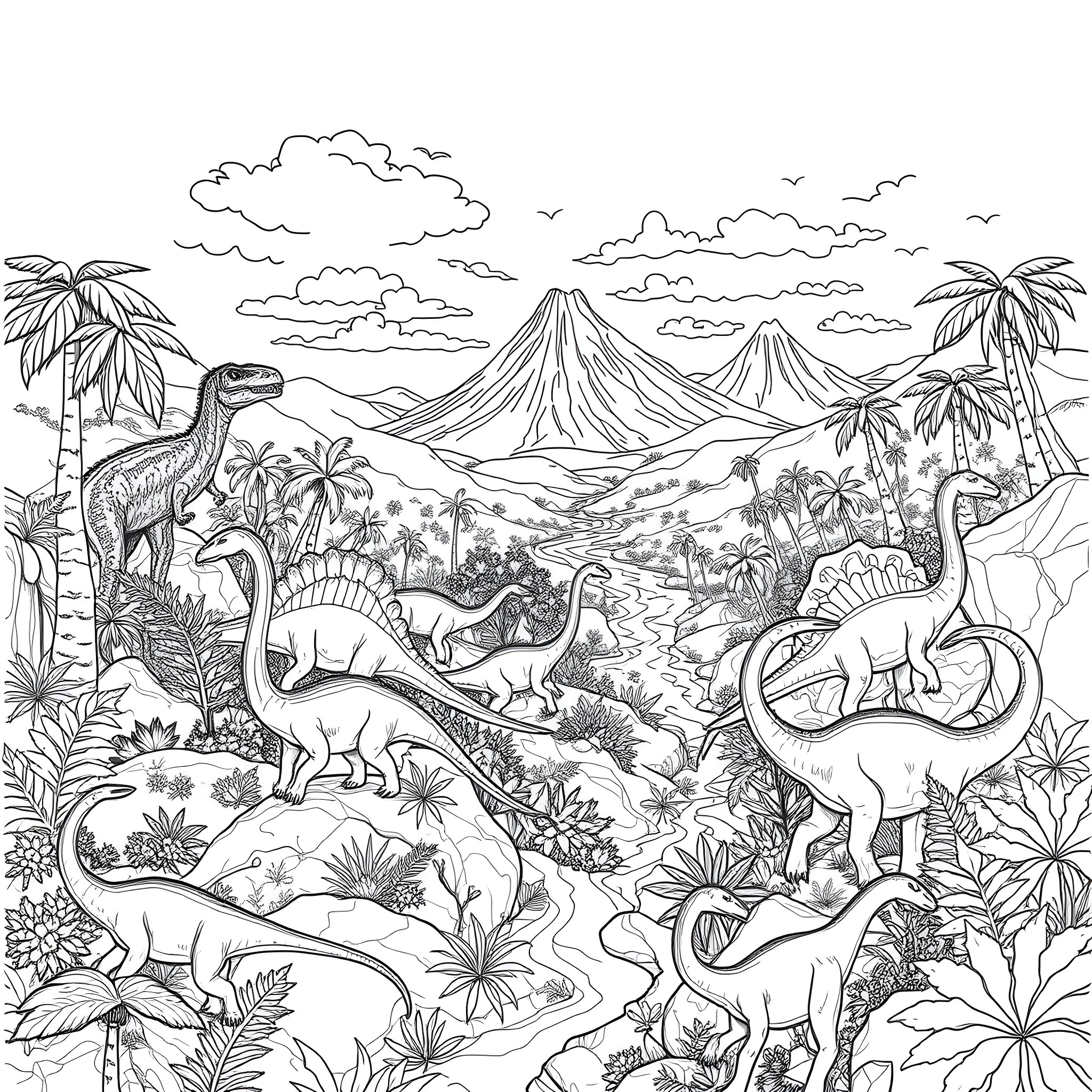 Dinosaurs roaming in a lush prehistoric landscape Coloring Page (free black-and-white line drawing printable PDF for all, from beginners to advanced learners, including children, teens, adults, and seniors)