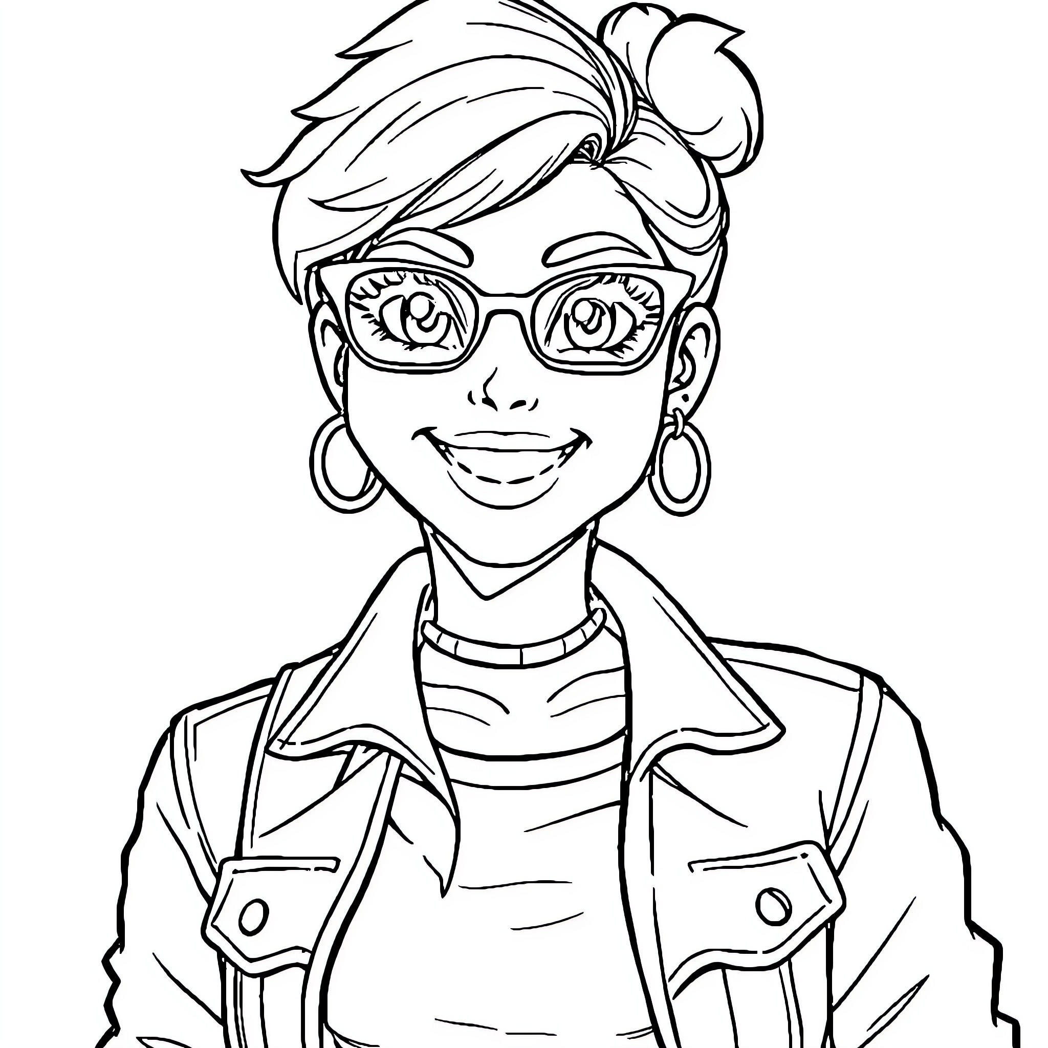 Jean's Cheerful Smile in Stylish Attire Coloring Page (free black-and-white line drawing printable PDF for all, from beginners to advanced learners, including children, teens, adults, and seniors)