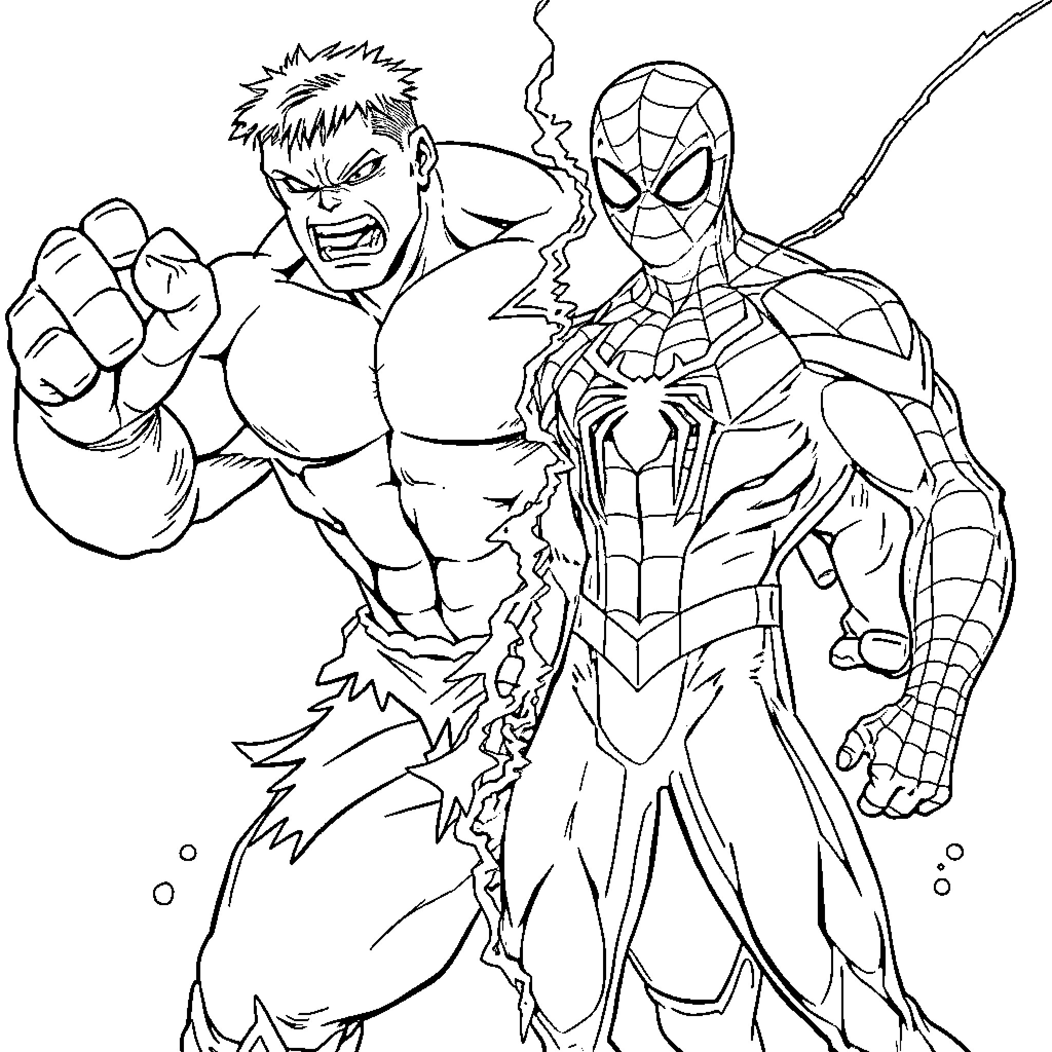Hulk and Spider-Man battle fiercely Coloring Page (free black-and-white line drawing printable PDF for all, from beginners to advanced learners, including children, teens, adults, and seniors)