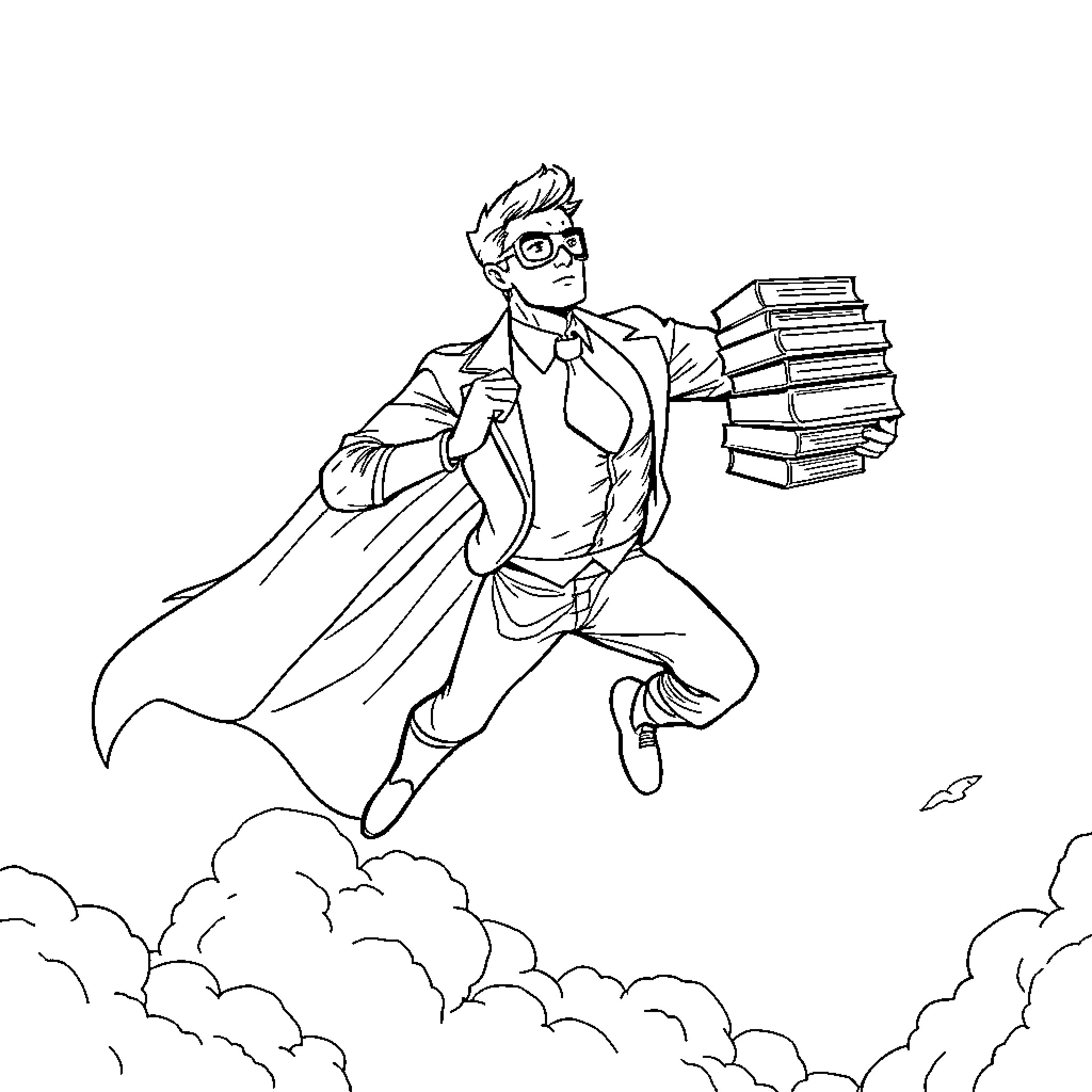 Lawyer rushing with a stack of books Coloring Page (free black-and-white line drawing printable PDF for all, from beginners to advanced learners, including children, teens, adults, and seniors)