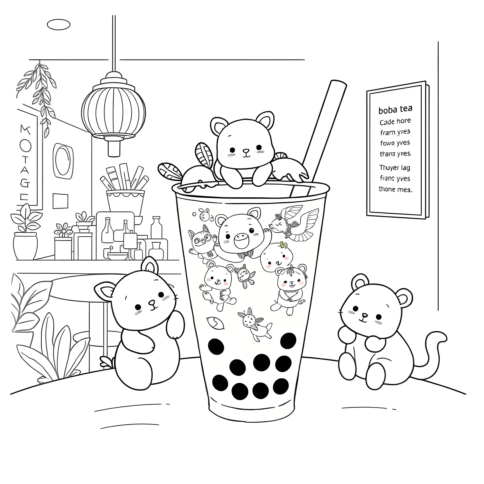 Animal Enjoying Boba Tea with Friends Coloring Page (free black-and-white line drawing printable PDF for all, from beginners to advanced learners, including children, teens, adults, and seniors)