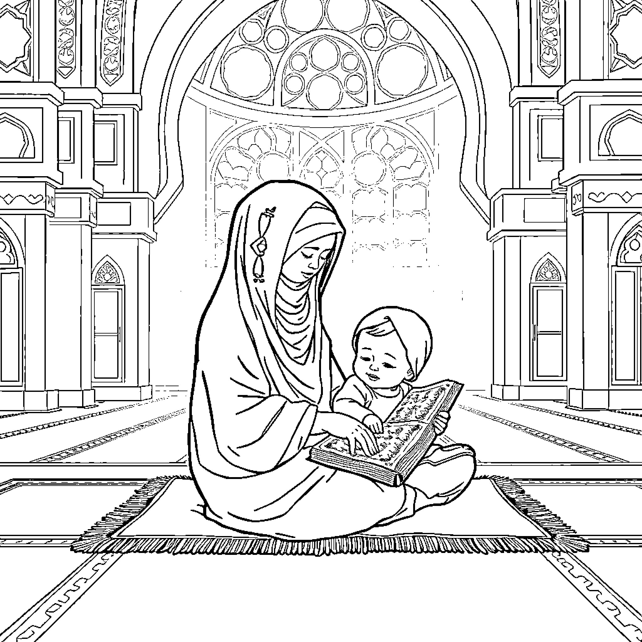 Mother and child praying in an Islamic mosque Coloring Page (free black-and-white line drawing printable PDF for all, from beginners to advanced learners, including children, teens, adults, and seniors)