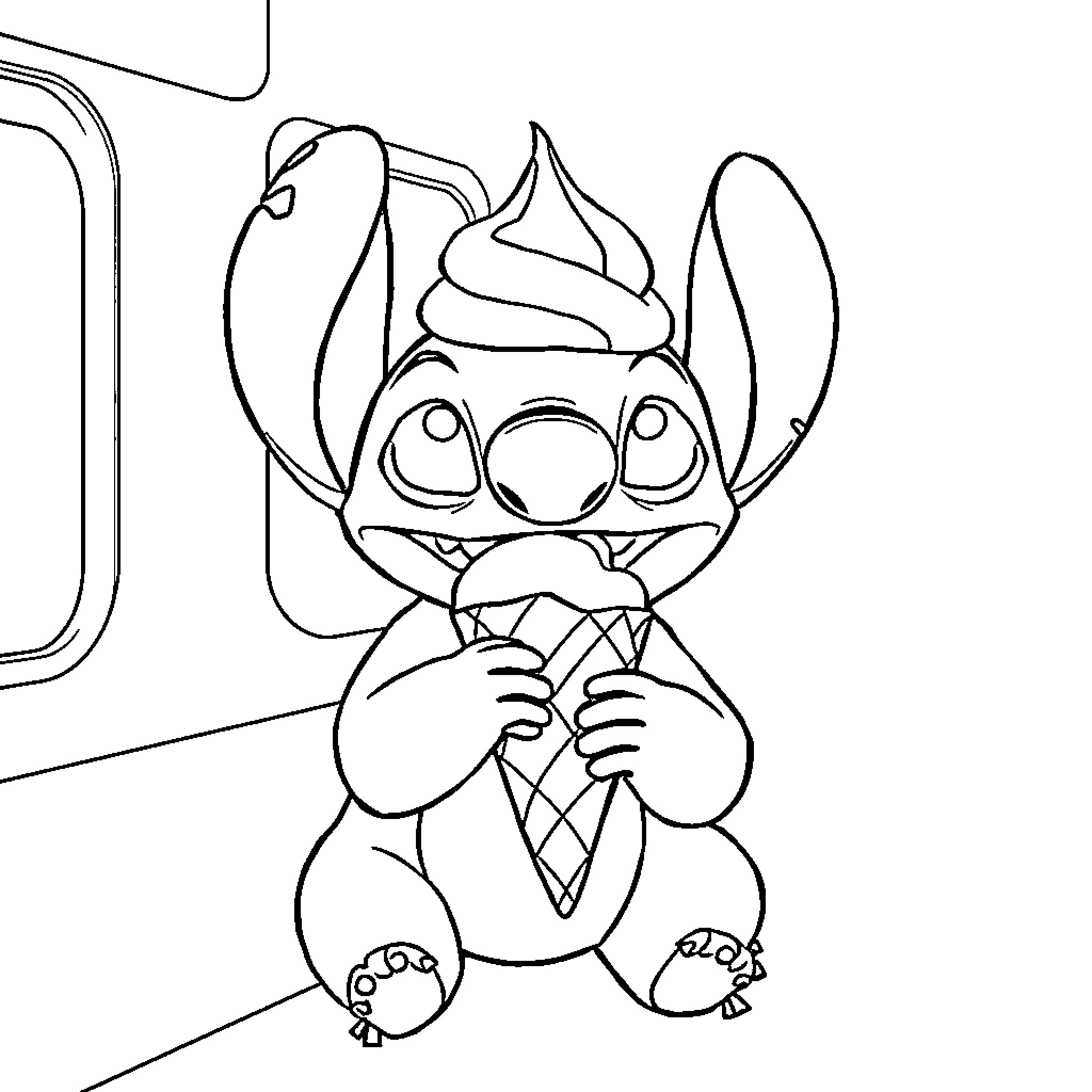 Stitch eating an ice cream cone with a cheerful expression Coloring Page (free black-and-white line drawing printable PDF for all, from beginners to advanced learners, including children, teens, adults, and seniors)
