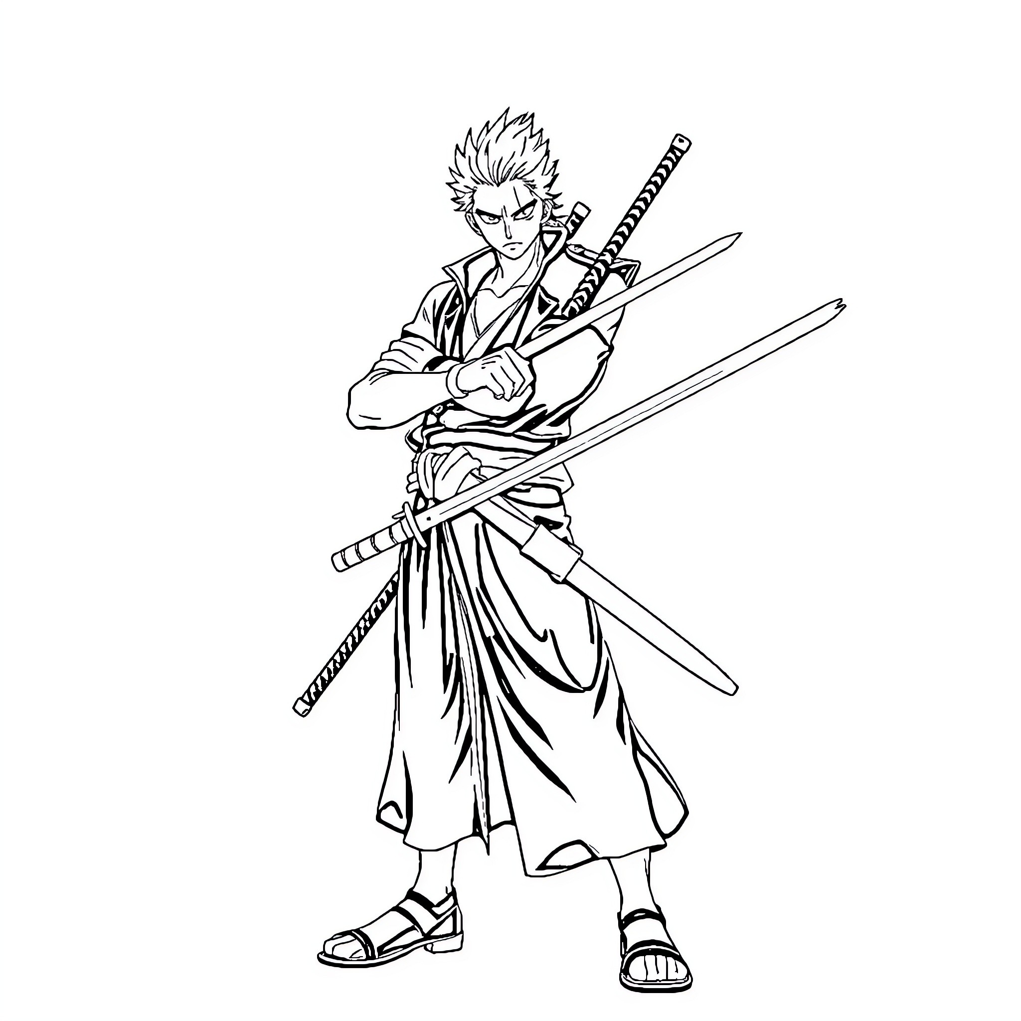 Roronoa Zoro Wielding Swords in Battle Stance Coloring Page (free black-and-white line drawing printable PDF for all, from beginners to advanced learners, including children, teens, adults, and seniors)