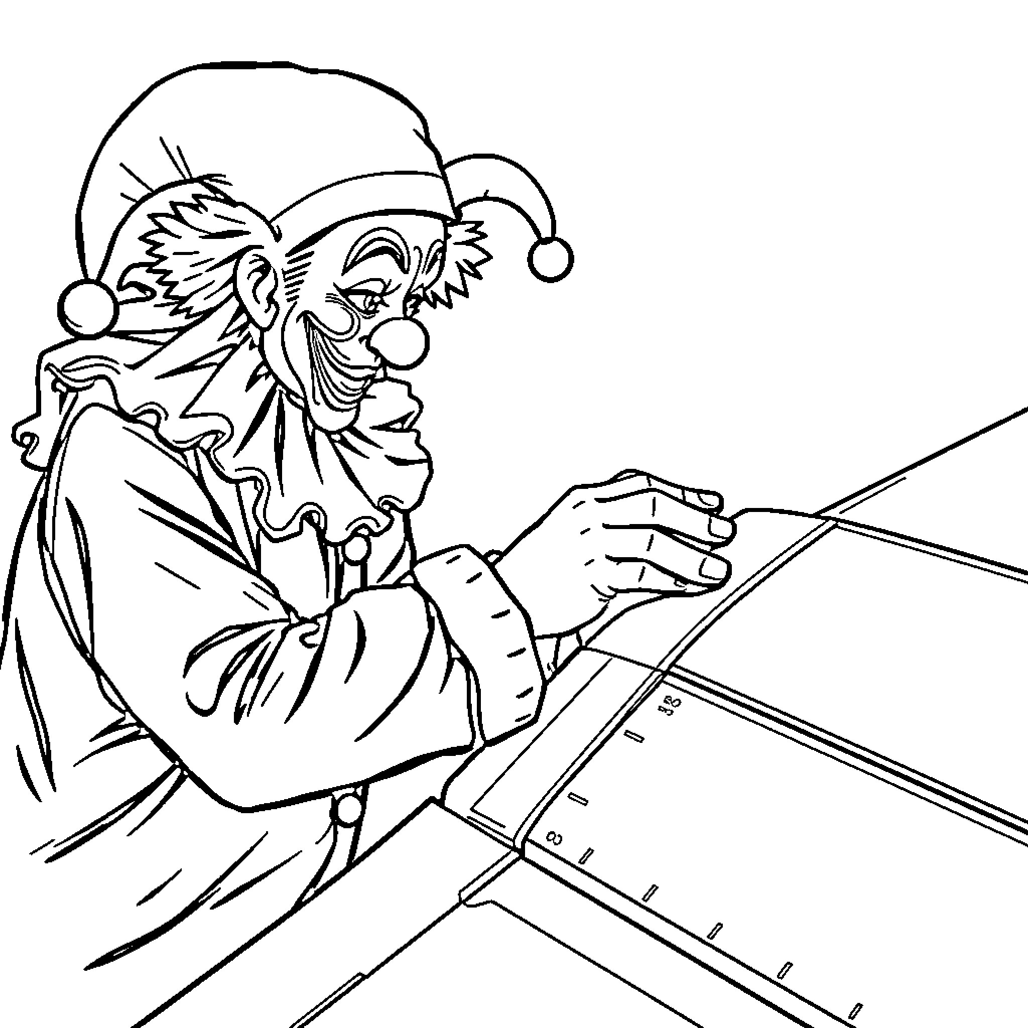 Clown playing an instrument on stage Coloring Page (free black-and-white line drawing printable PDF for all, from beginners to advanced learners, including children, teens, adults, and seniors)