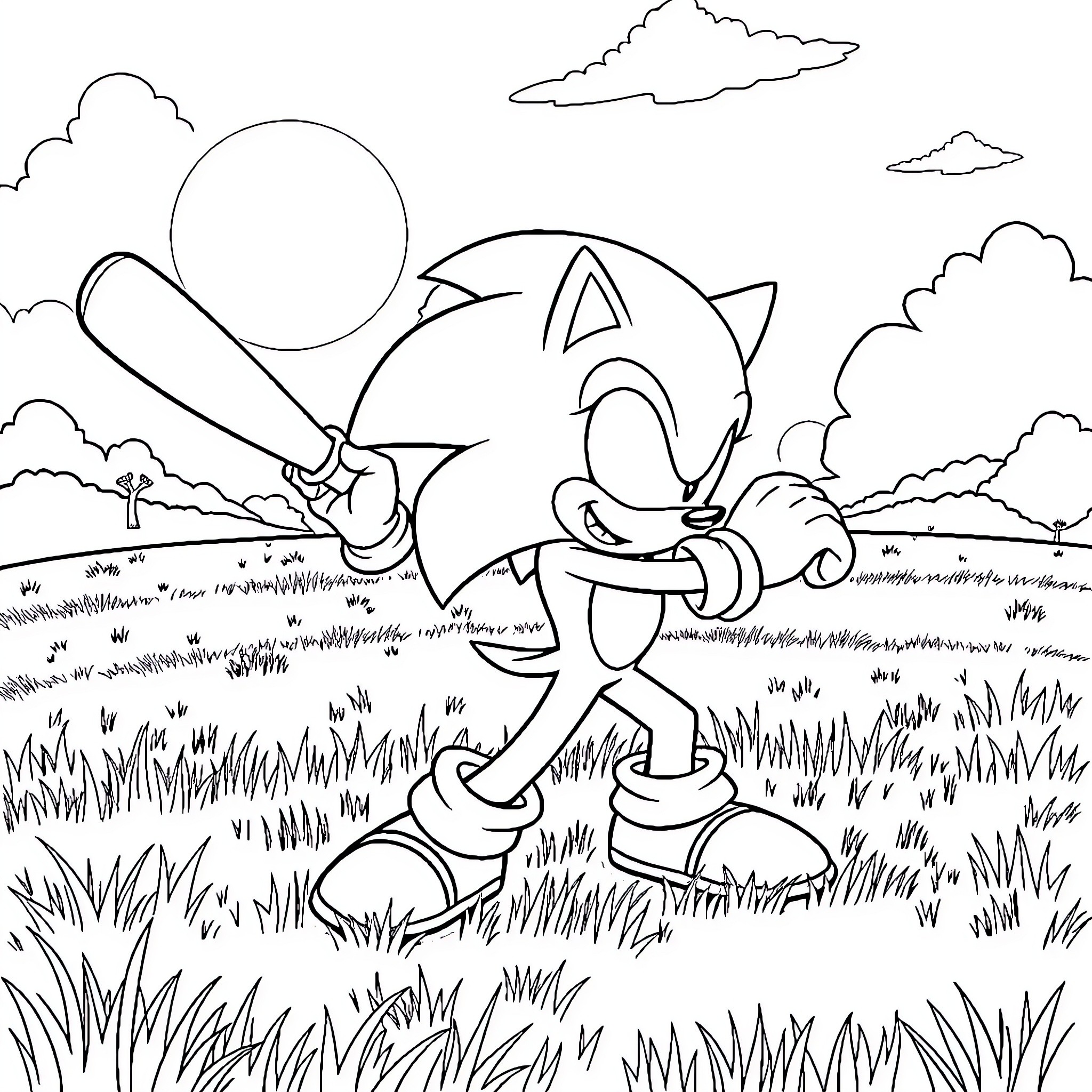 Sonic running cheerfully through the grassy outdoors Coloring Page (free black-and-white line drawing printable PDF for all, from beginners to advanced learners, including children, teens, adults, and seniors)