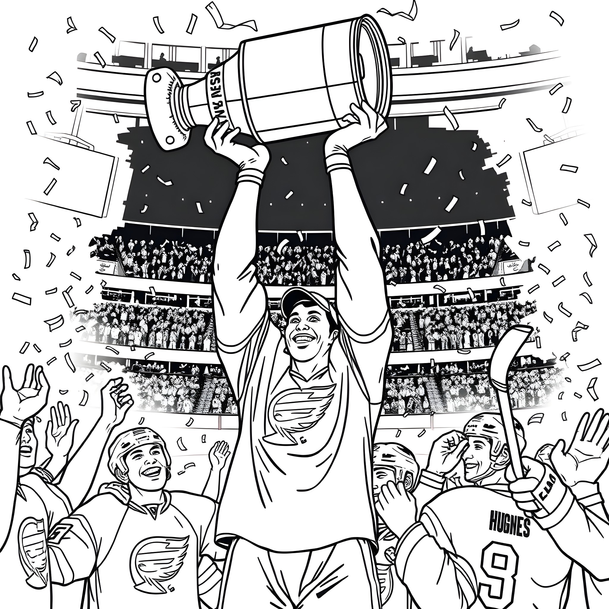 Quinn Hughes celebrating hockey victory with trophy Coloring Page (free black-and-white line drawing printable PDF for all, from beginners to advanced learners, including children, teens, adults, and seniors)