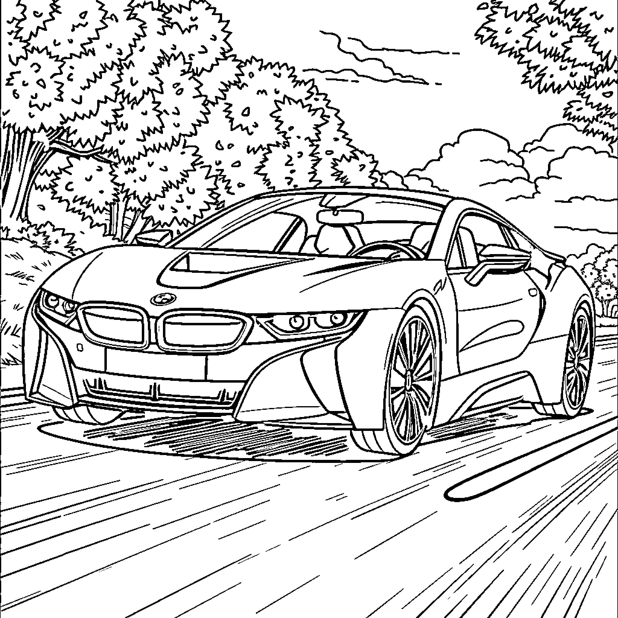 Ladybug speeding down the road in a sleek sports car Coloring Page (free black-and-white line drawing printable PDF for all, from beginners to advanced learners, including children, teens, adults, and seniors)