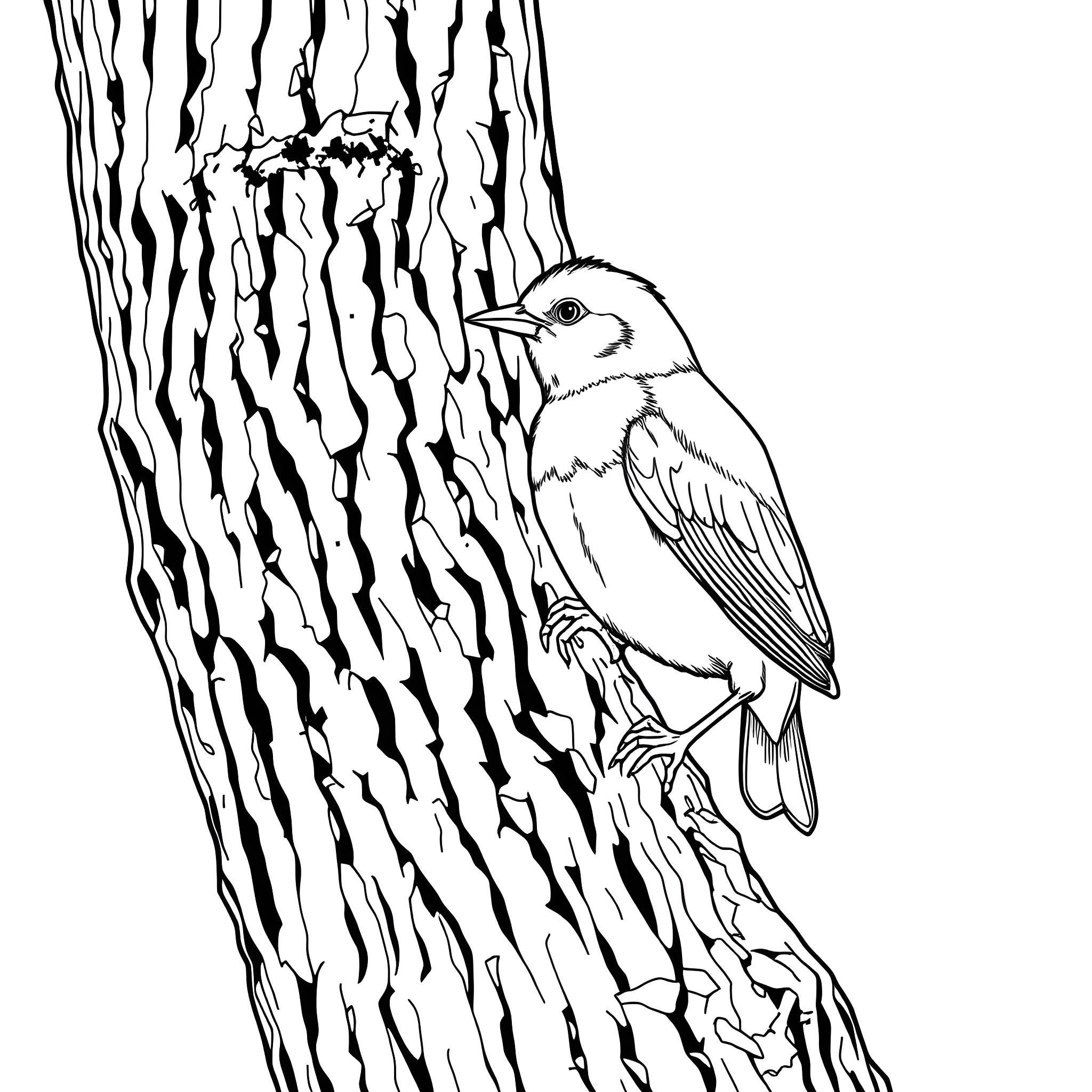 Saffron Finch perched on tree trunk Coloring Page (free black-and-white line drawing printable PDF for all, from beginners to advanced learners, including children, teens, adults, and seniors)