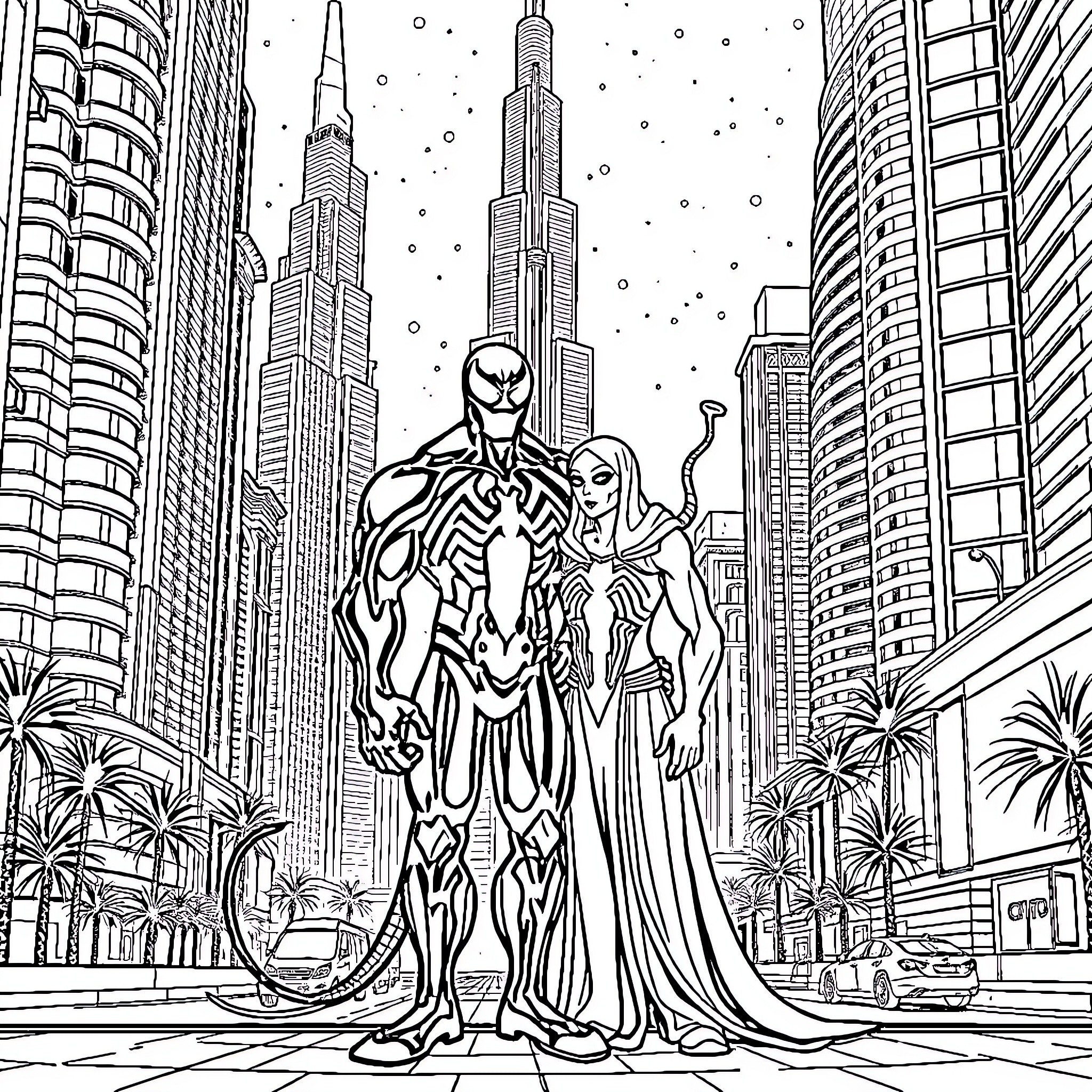 Venom: Superhero Duo Stands Tall in Futuristic City Coloring Page (free black-and-white line drawing printable PDF for all, from beginners to advanced learners, including children, teens, adults, and seniors)
