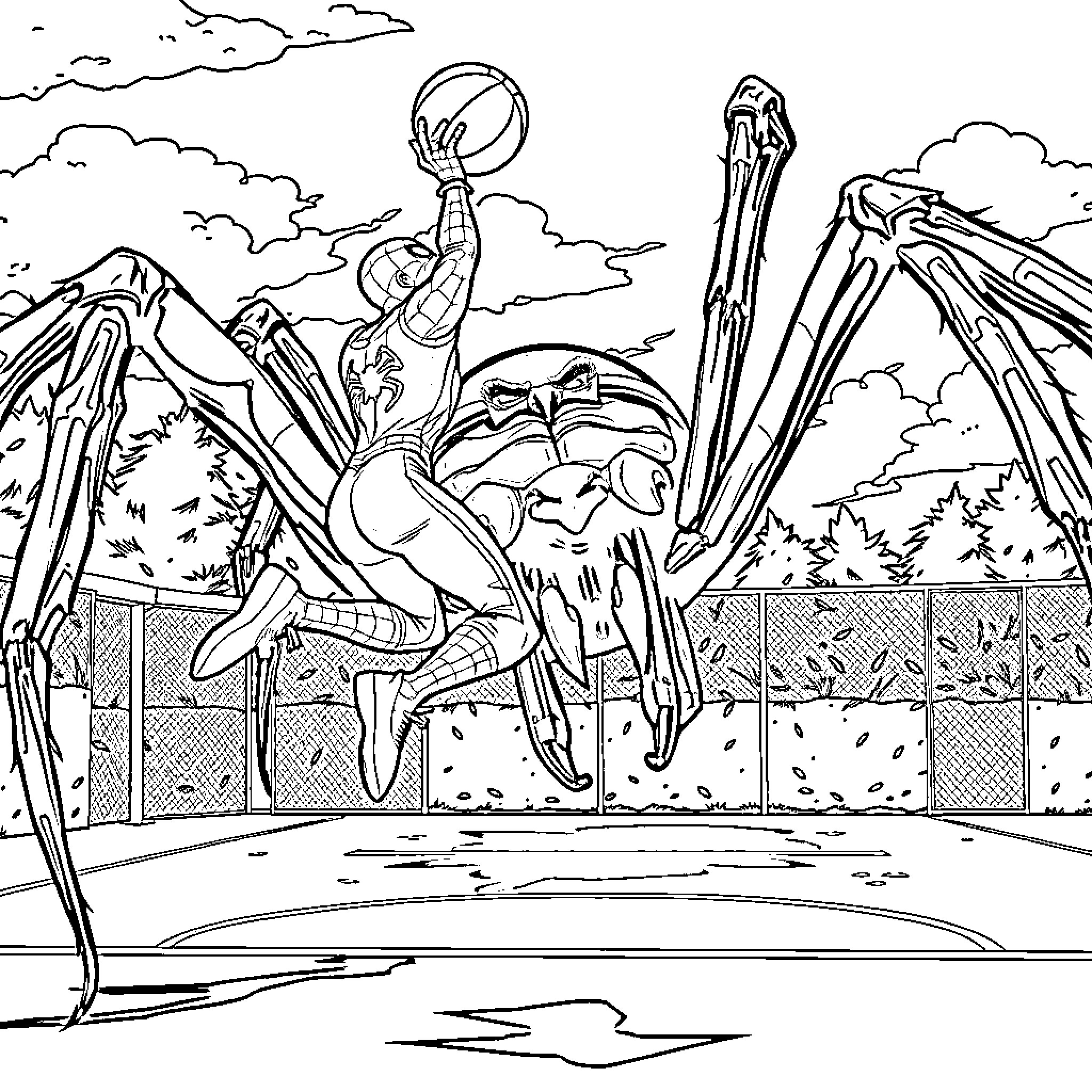 Spiderman swinging and leaping in action scene Coloring Page (free black-and-white line drawing printable PDF for all, from beginners to advanced learners, including children, teens, adults, and seniors)