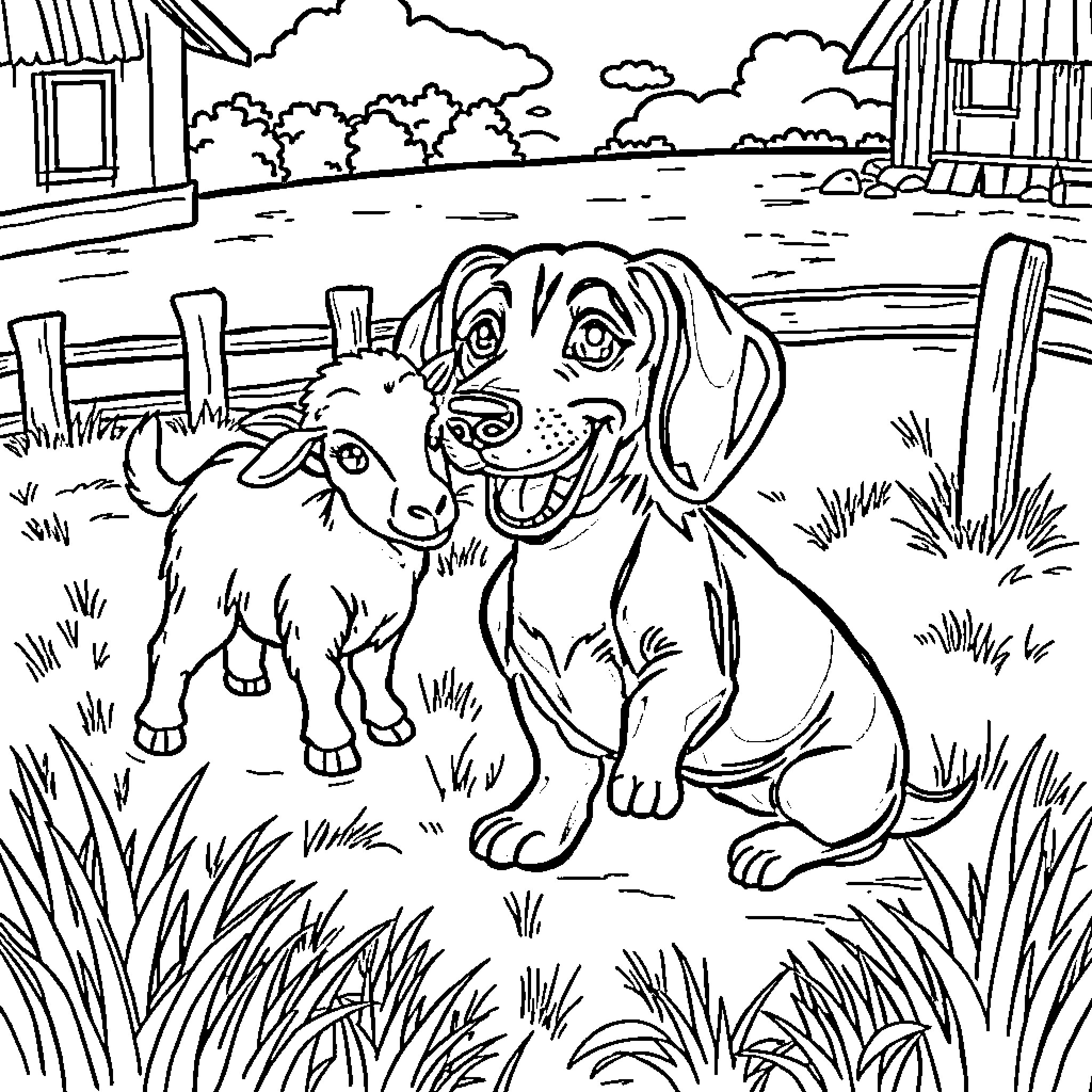 Dachshund and goat playing in rural field Coloring Page (free black-and-white line drawing printable PDF for all, from beginners to advanced learners, including children, teens, adults, and seniors)