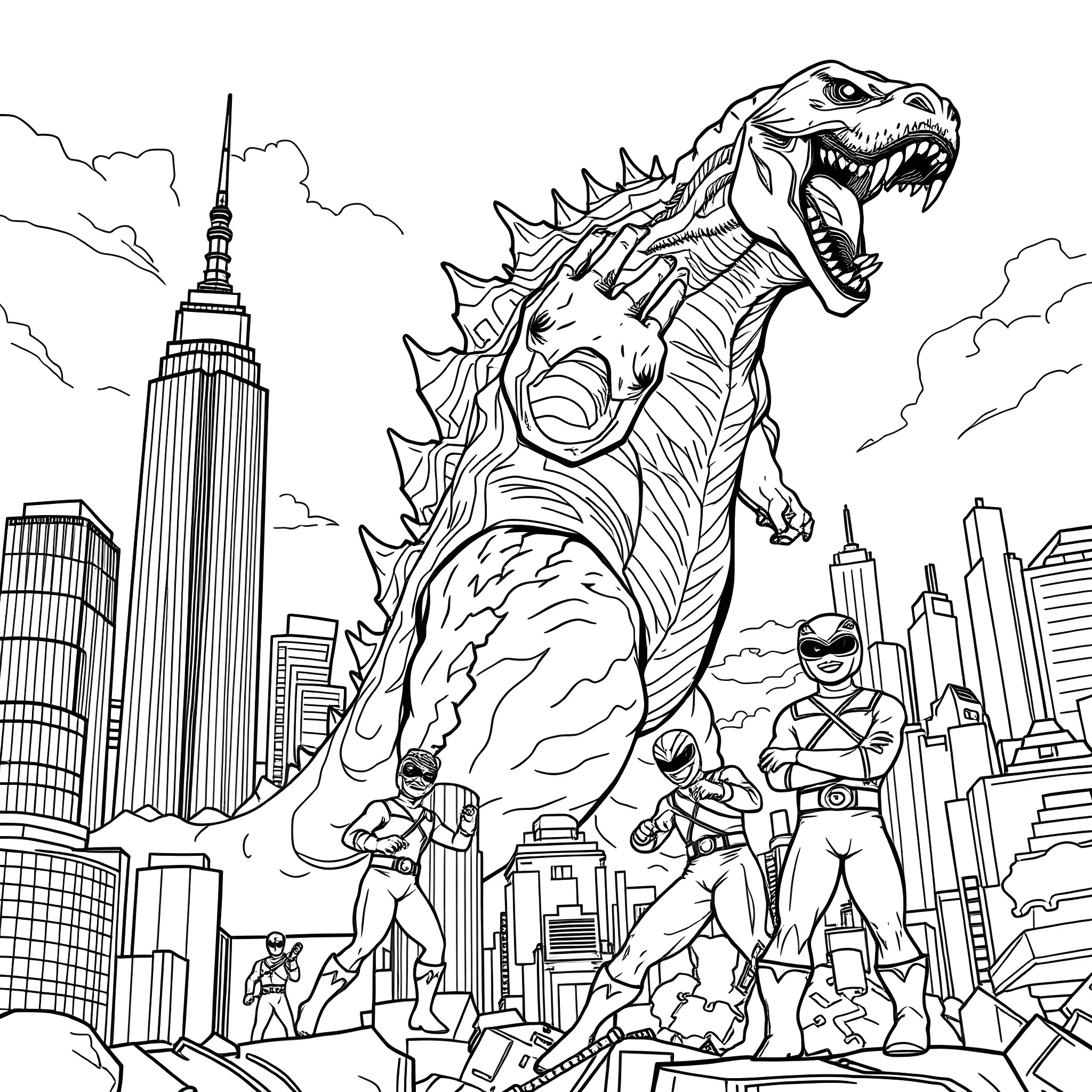 Godzilla rampaging through the city with superheroes Coloring Page (free black-and-white line drawing printable PDF for all, from beginners to advanced learners, including children, teens, adults, and seniors)