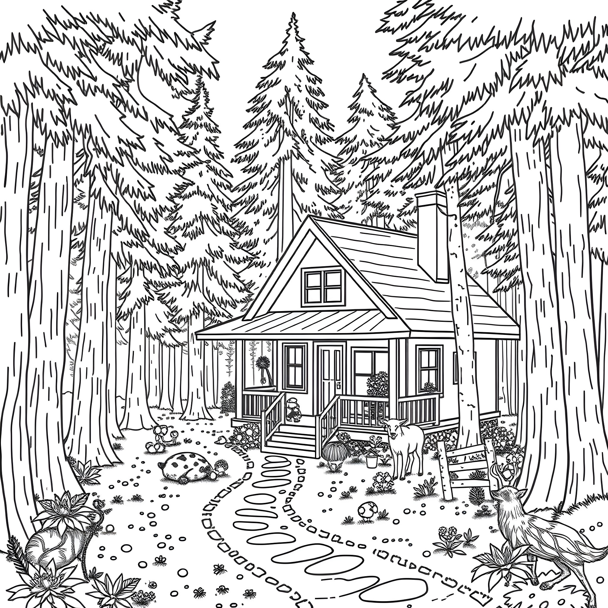 Bungalow in a Scenic Forest Landscape Coloring Page (free black-and-white line drawing printable PDF for all, from beginners to advanced learners, including children, teens, adults, and seniors)