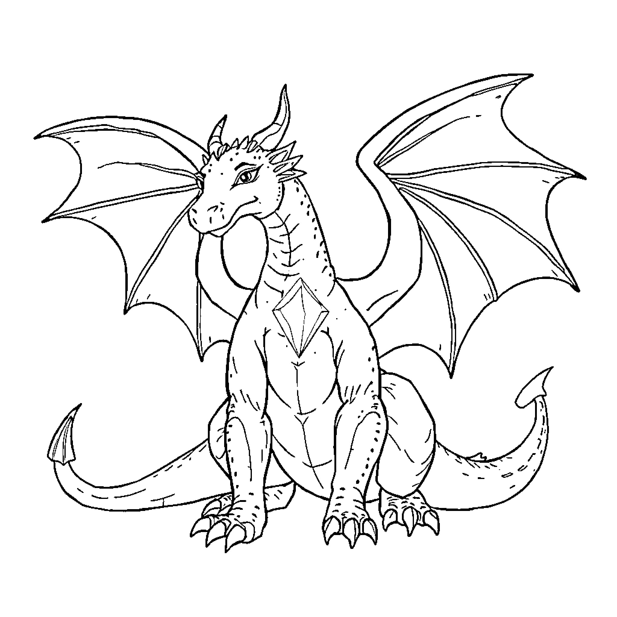 Dragon spreading its wings in a grand display Coloring Page (free black-and-white line drawing printable PDF for all, from beginners to advanced learners, including children, teens, adults, and seniors)