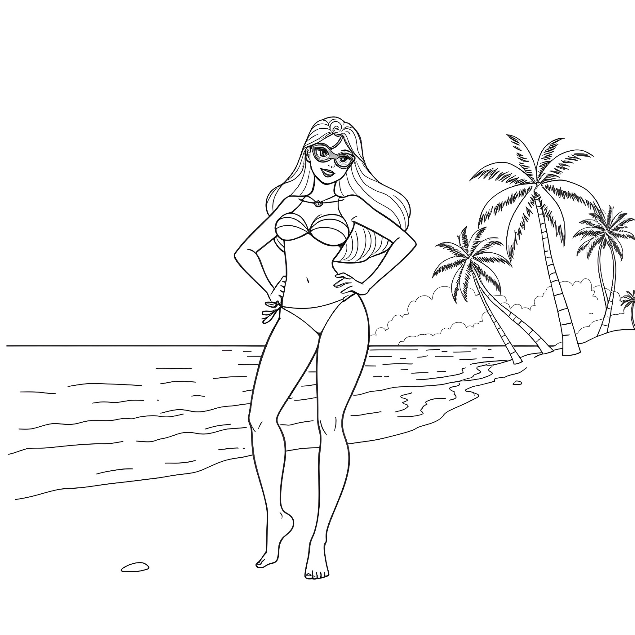Elastigirl enjoying a beach day Coloring Page (free black-and-white line drawing printable PDF for all, from beginners to advanced learners, including children, teens, adults, and seniors)
