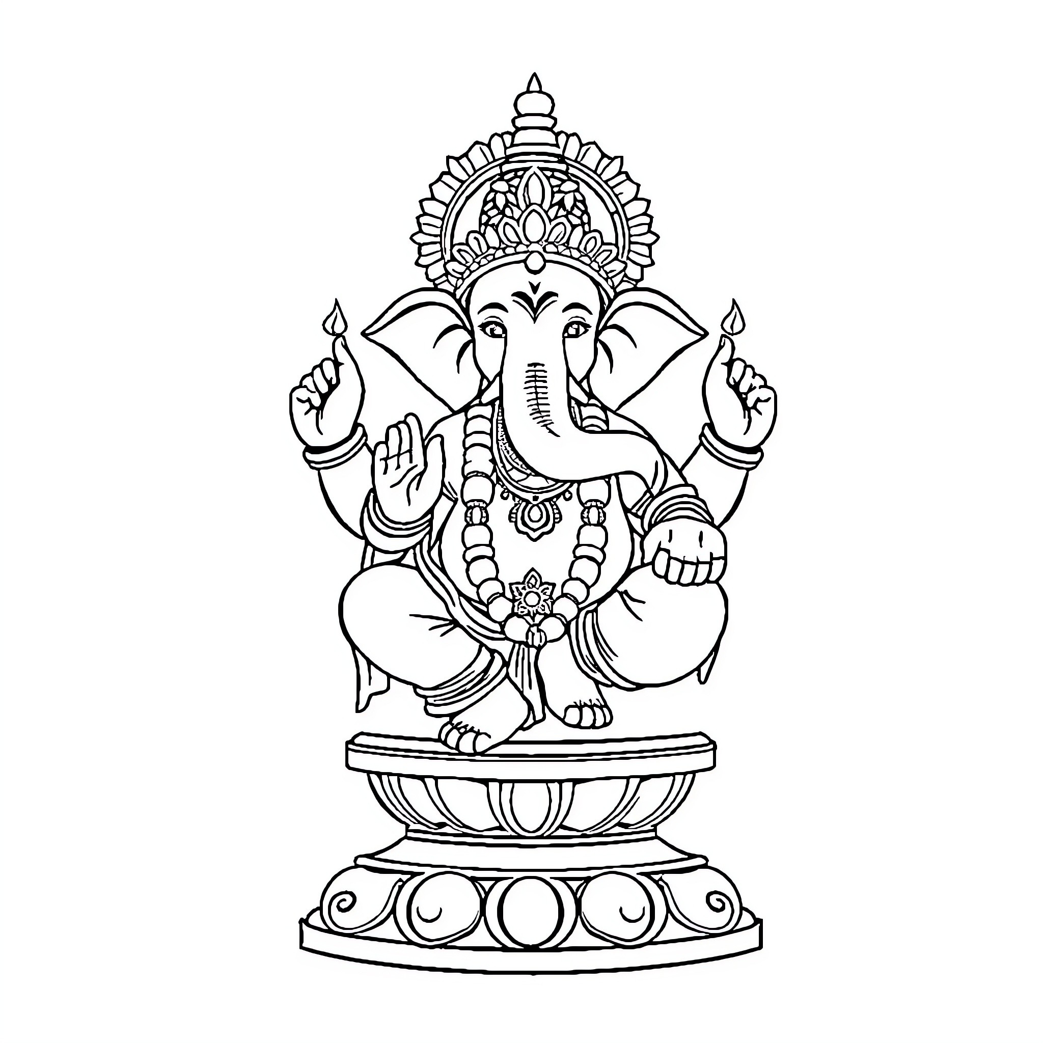 Ganpati seated in elegant pose Coloring Page (free black-and-white line drawing printable PDF for all, from beginners to advanced learners, including children, teens, adults, and seniors)