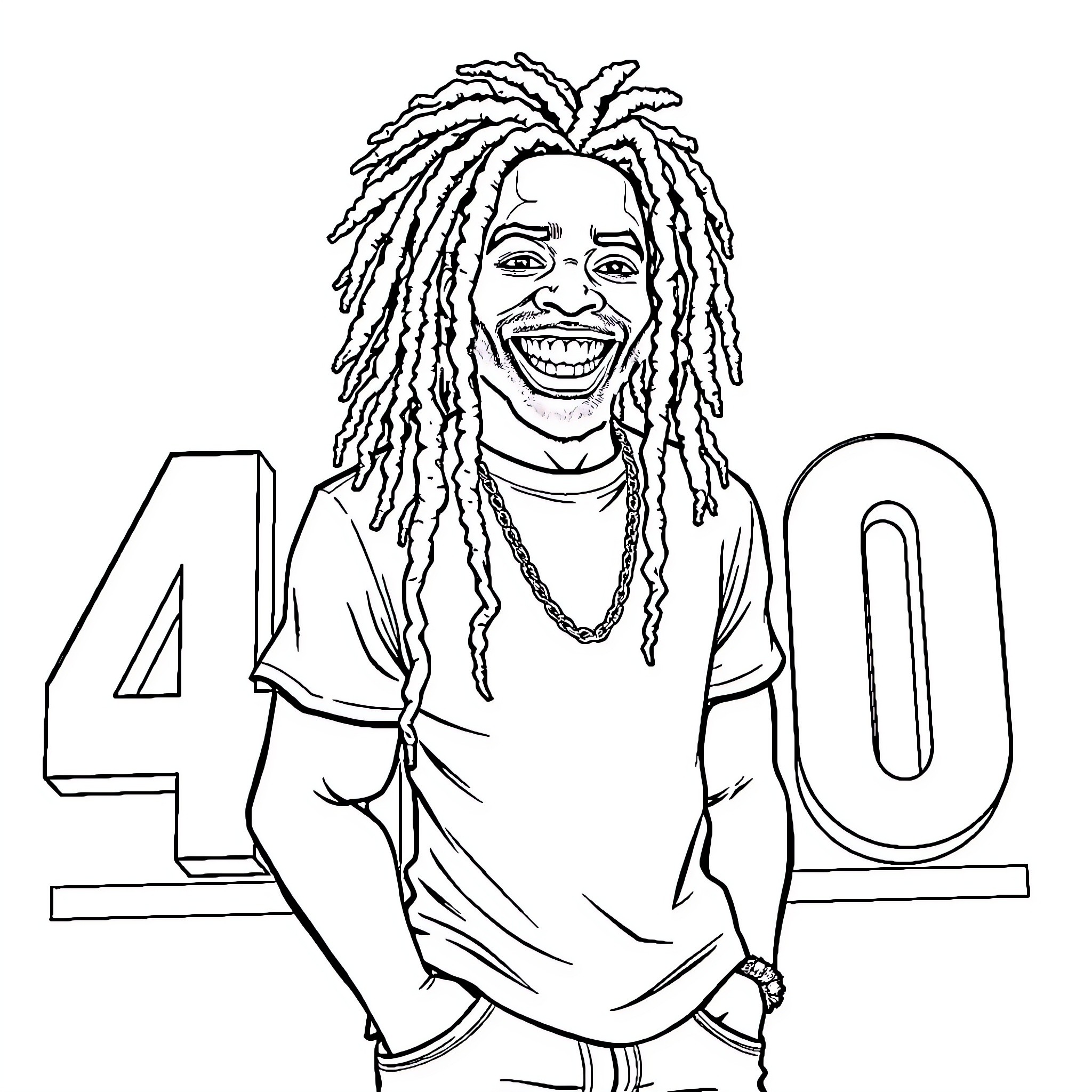 Man with dreadlocks happily smiling in front of a graphic Coloring Page (free black-and-white line drawing printable PDF for all, from beginners to advanced learners, including children, teens, adults, and seniors)