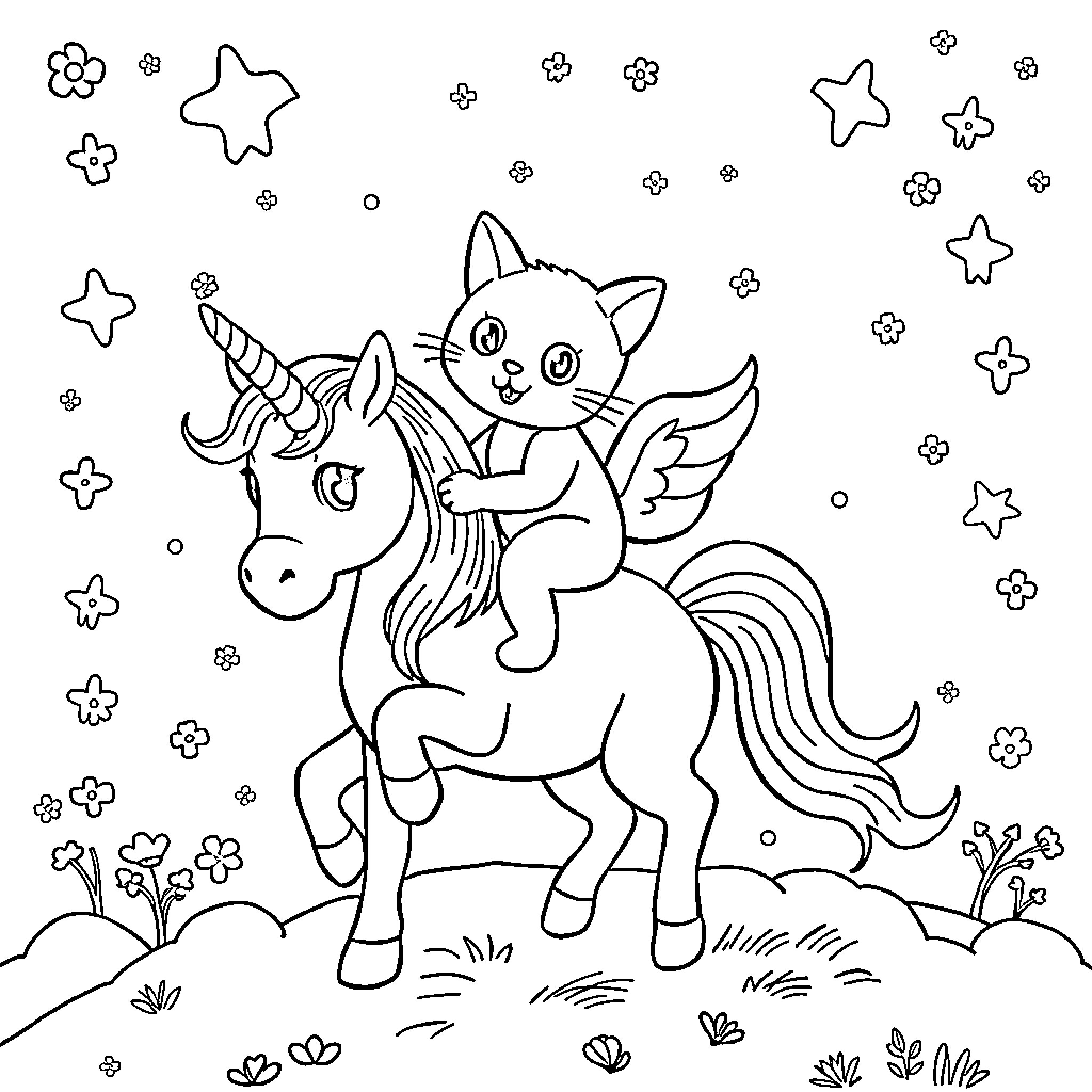Cat Riding a Unicorn in a Magical Forest Coloring Page (free black-and-white line drawing printable PDF for all, from beginners to advanced learners, including children, teens, adults, and seniors)